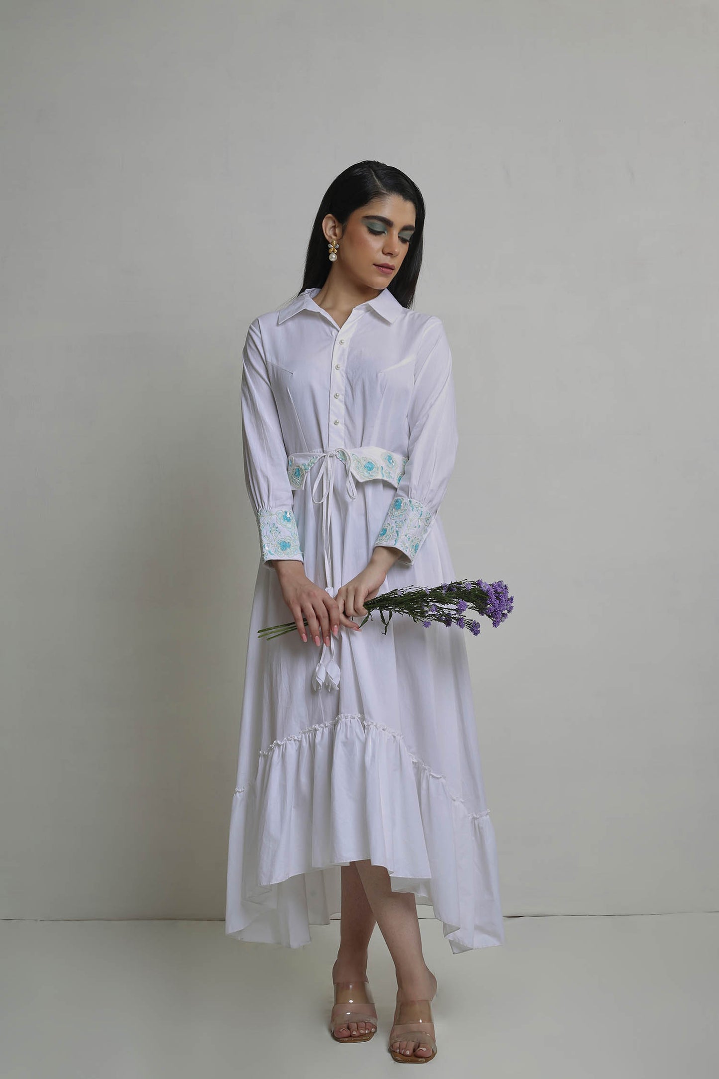 Elian - White Long Shirt Dress with Hand Work on Cuffs and Belt
