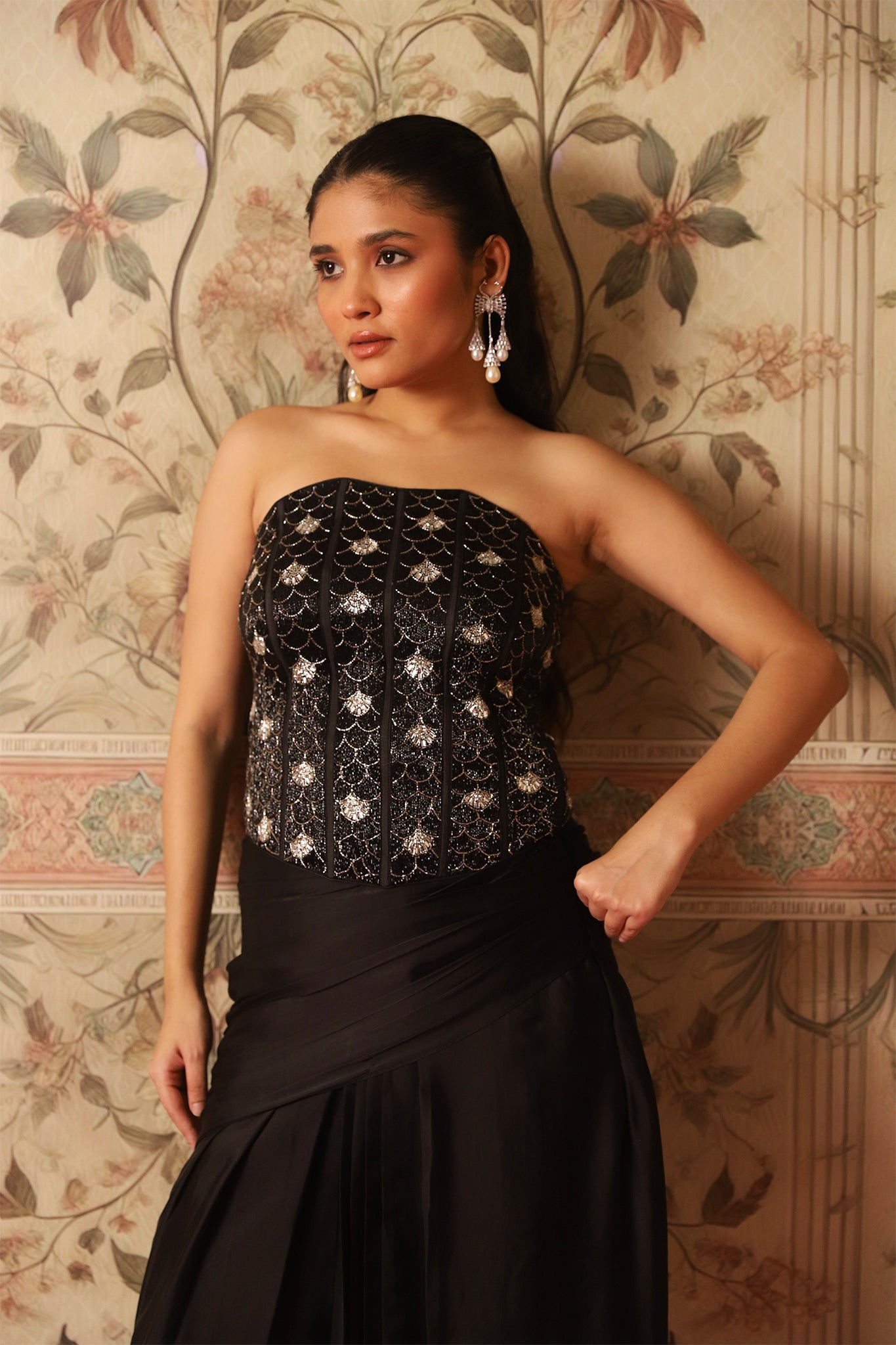 Amber Black Corset Blouse with Gold Embroidery & Draped Skirt