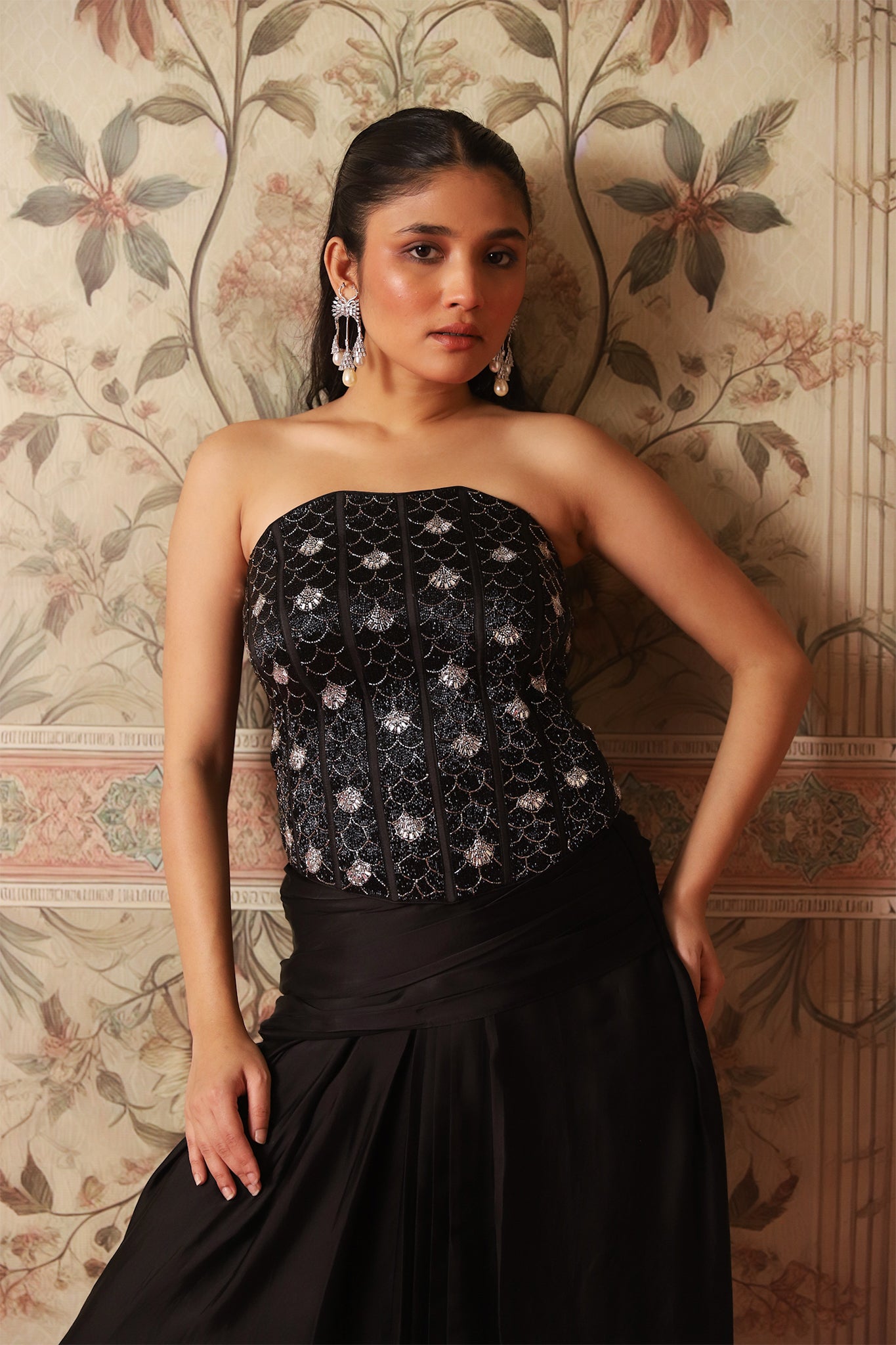 Amber Black Corset Blouse with Gold Embroidery & Draped Skirt