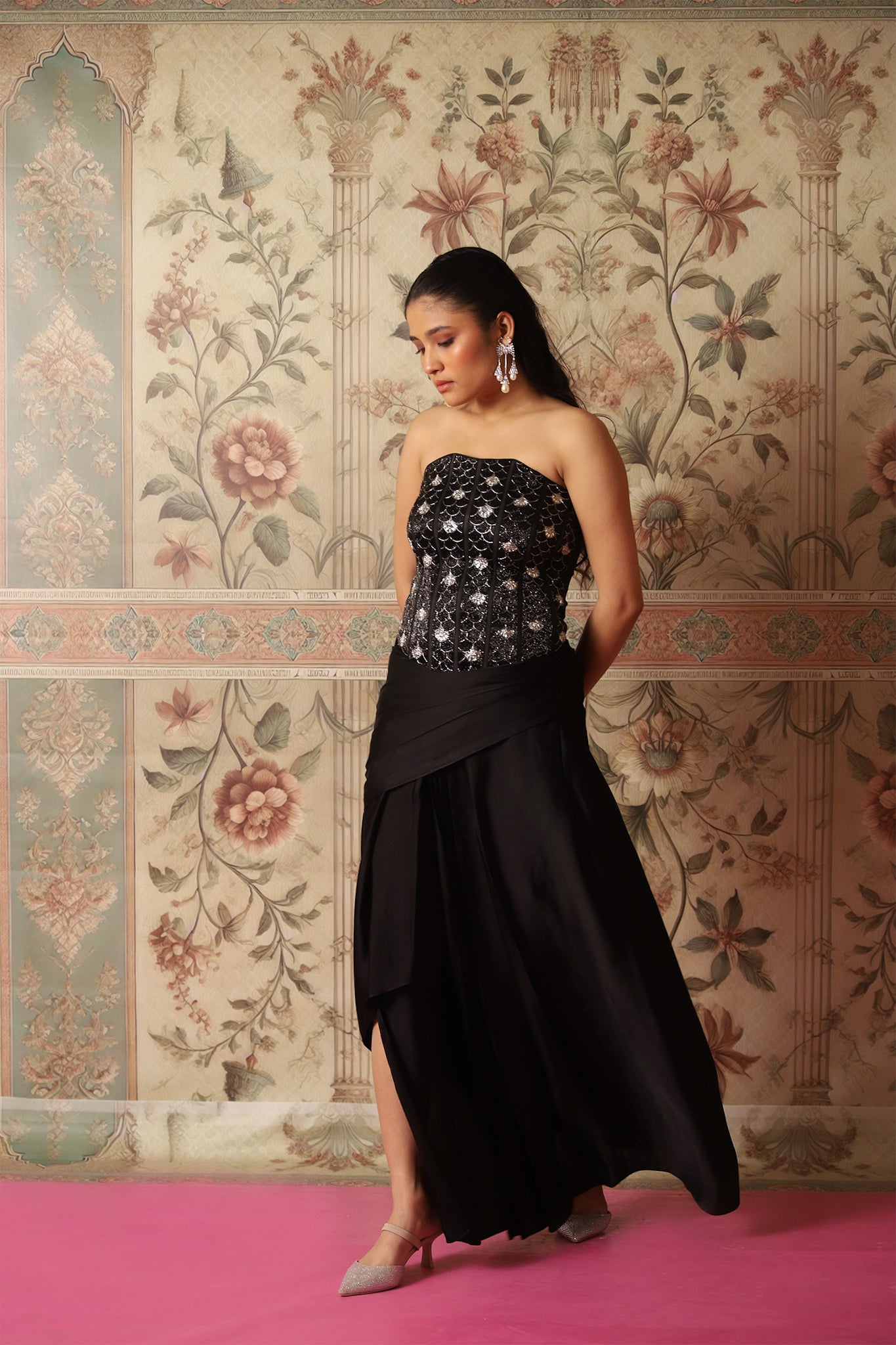 Amber Black Corset Blouse with Gold Embroidery & Draped Skirt