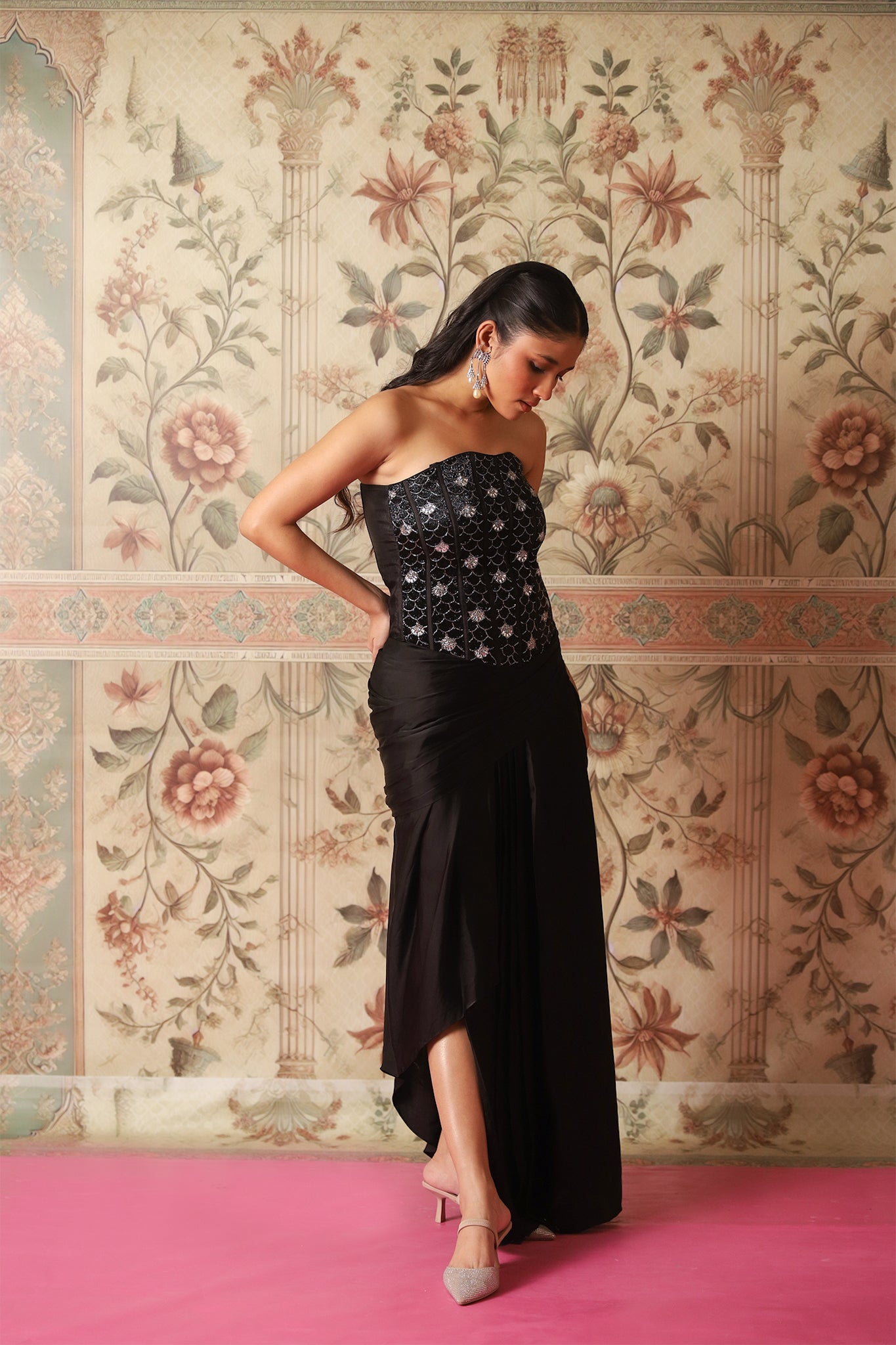 Amber Black Corset Blouse with Gold Embroidery & Draped Skirt