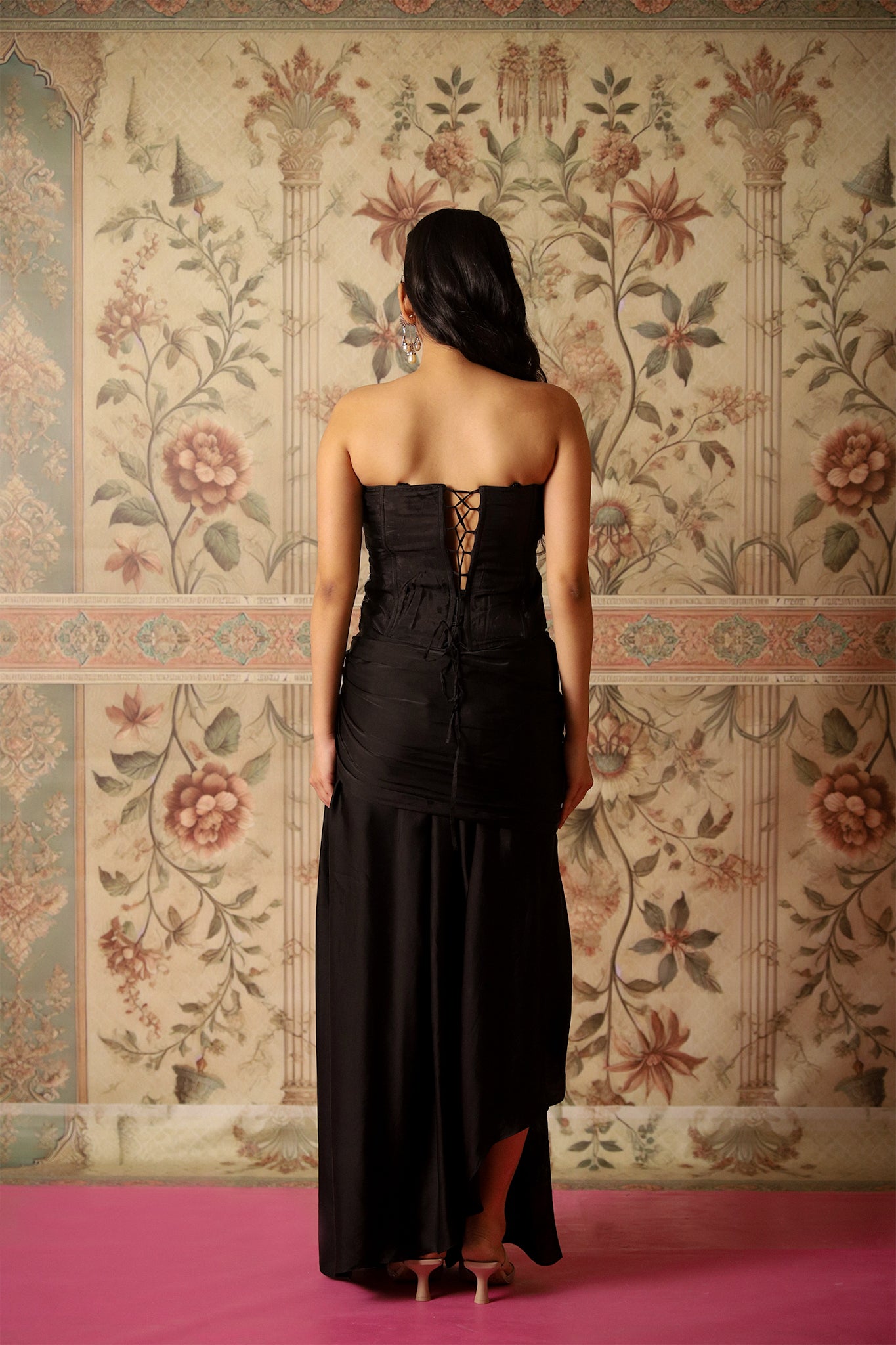 Amber Black Corset Blouse with Gold Embroidery & Draped Skirt