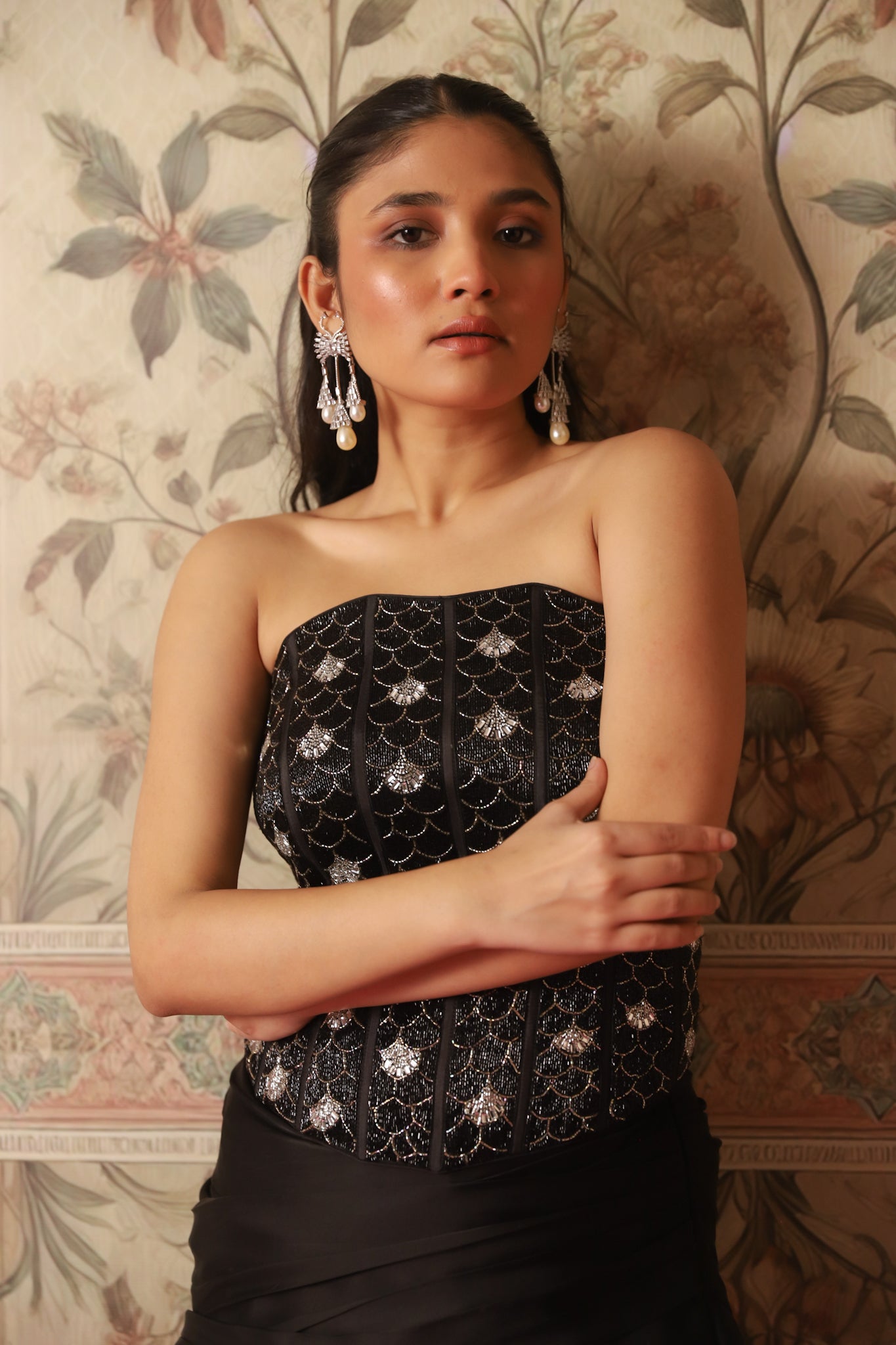 Amber Black Corset Blouse with Gold Embroidery & Draped Skirt