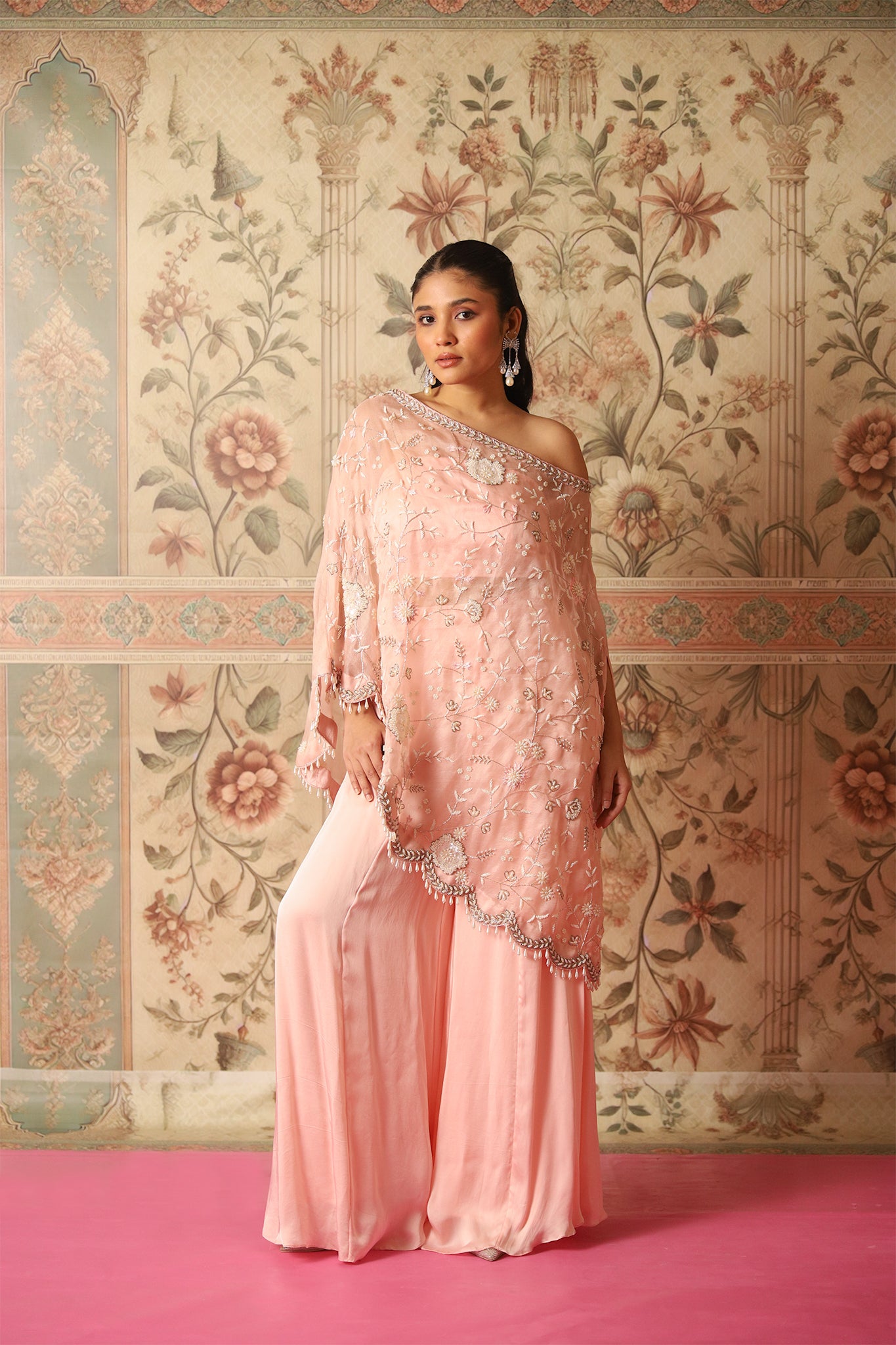Aurelle Old Rose Pink One-Shoulder Cape & Flared Palazzos
