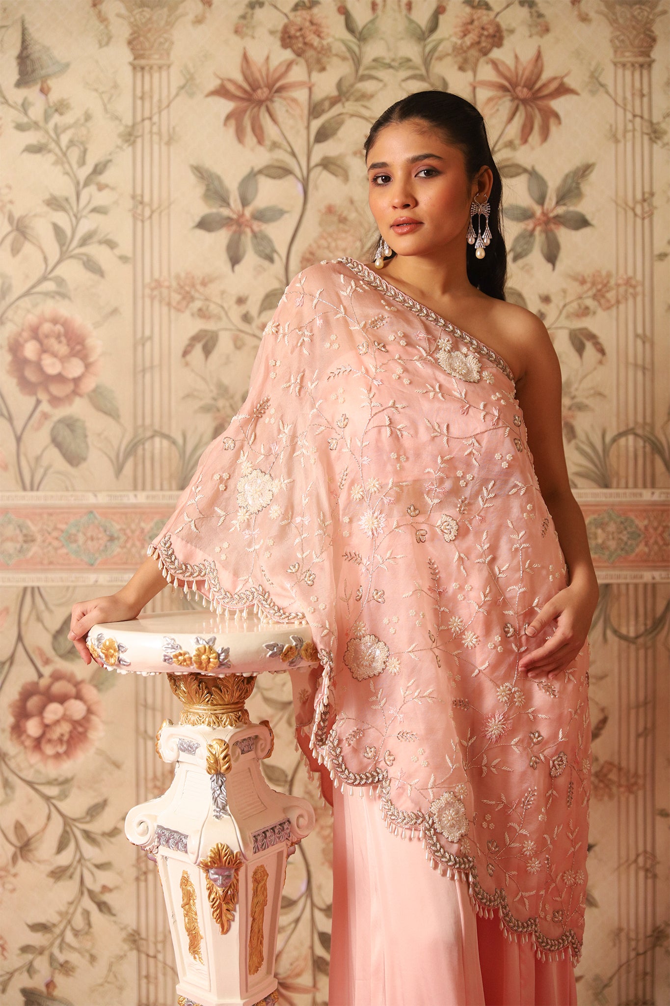 Aurelle Old Rose Pink One-Shoulder Cape & Flared Palazzos