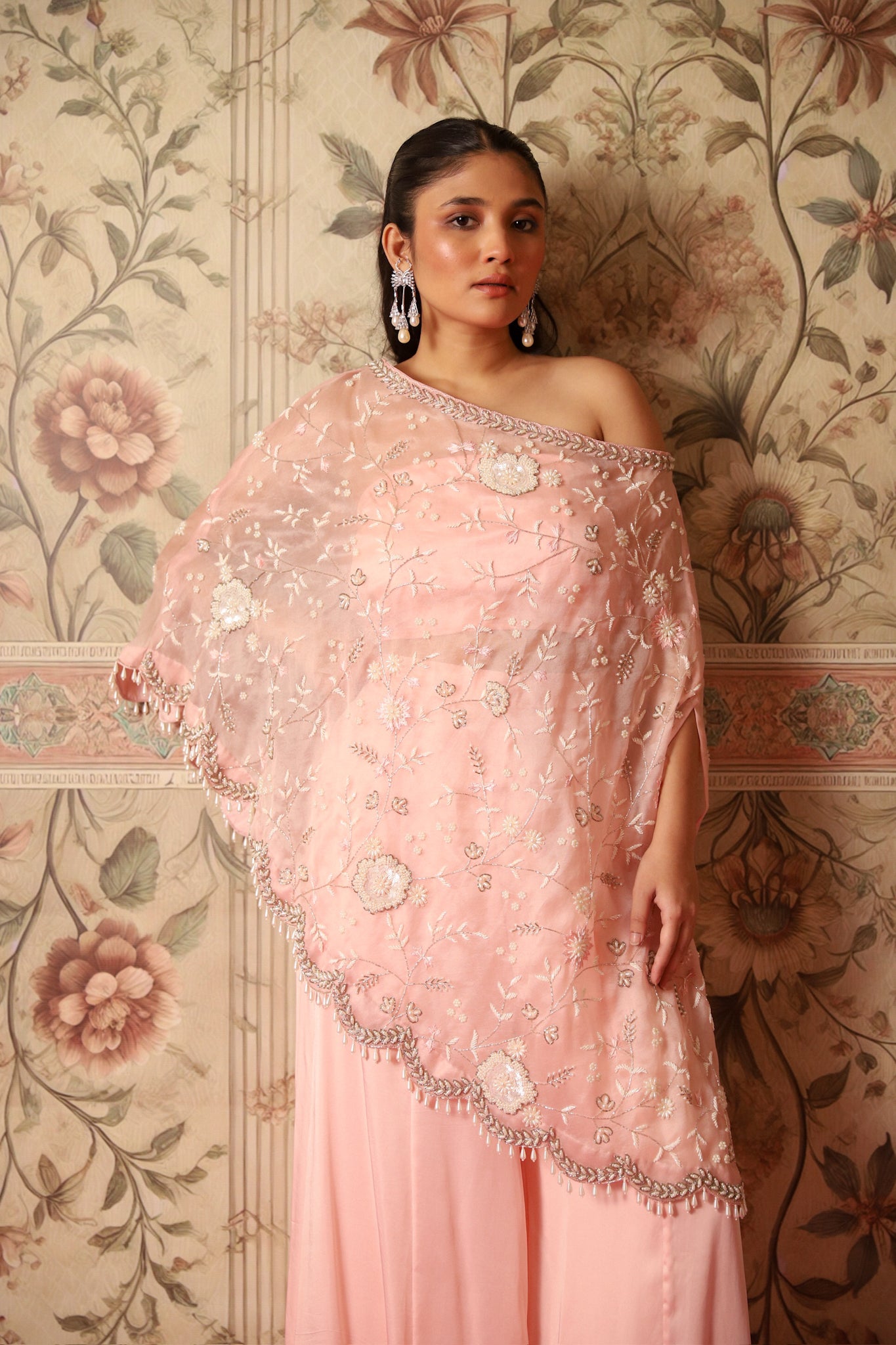 Aurelle Old Rose Pink One-Shoulder Cape & Flared Palazzos