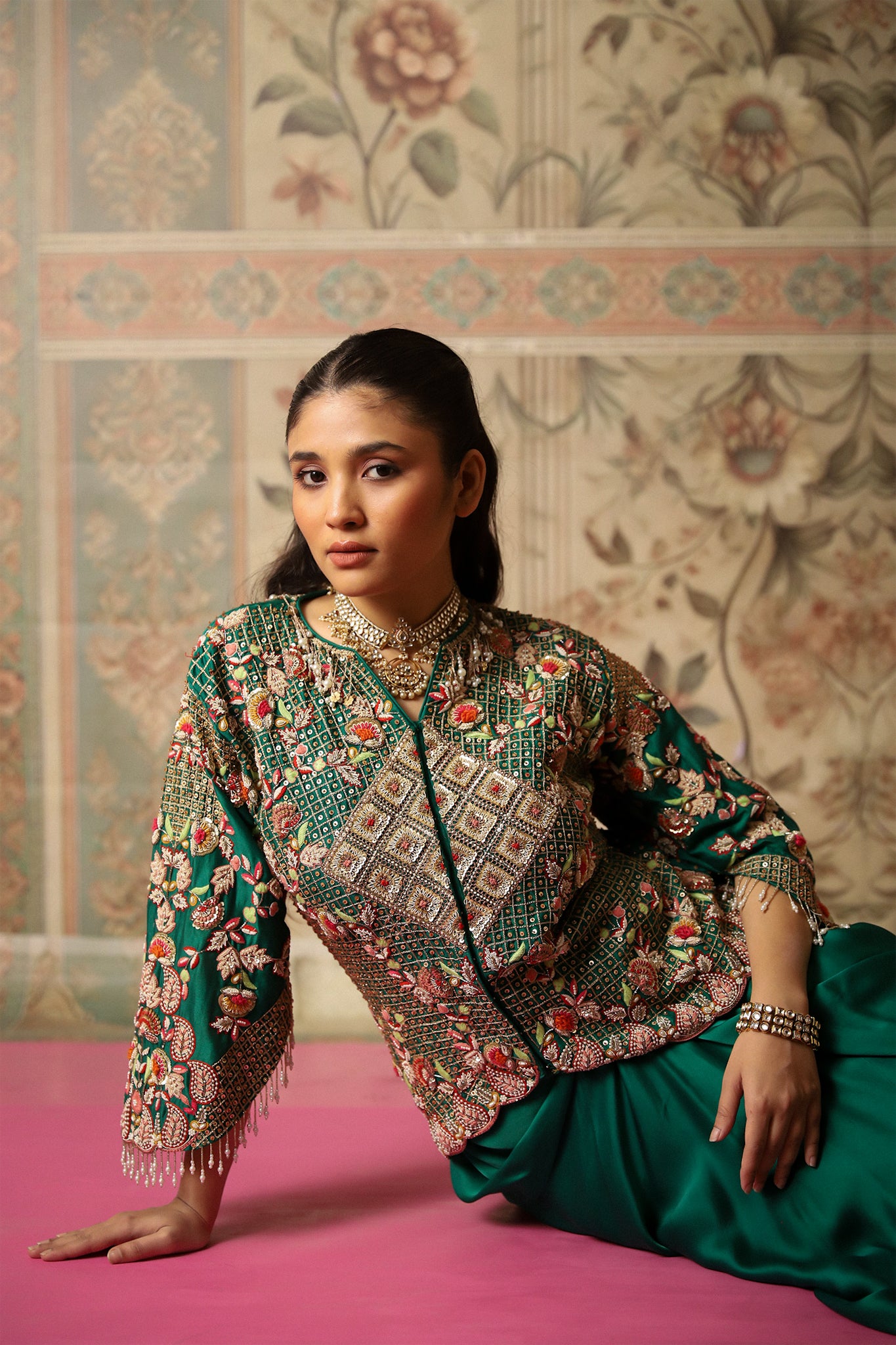 Ayla Green Multi Coloured Hand-Embroidered Threadwork Jacket and Draped Skirt