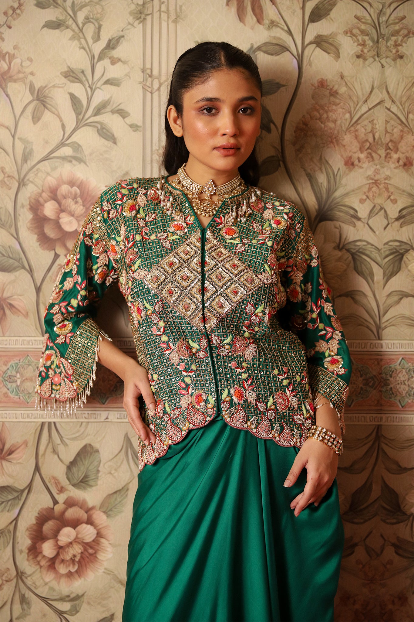 Ayla Green Multi Coloured Hand-Embroidered Threadwork Jacket and Draped Skirt