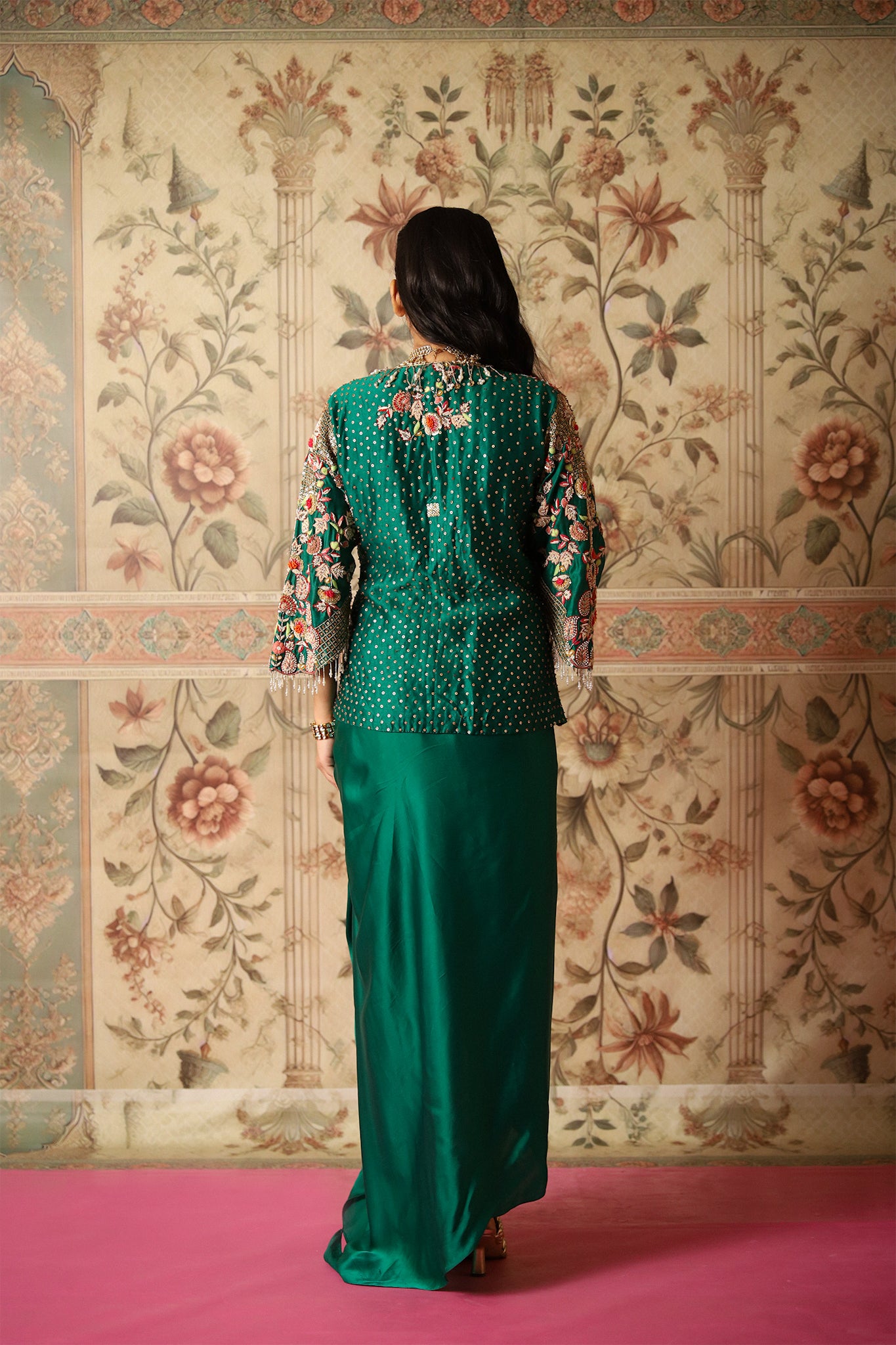 Ayla Green Multi Coloured Hand-Embroidered Threadwork Jacket and Draped Skirt