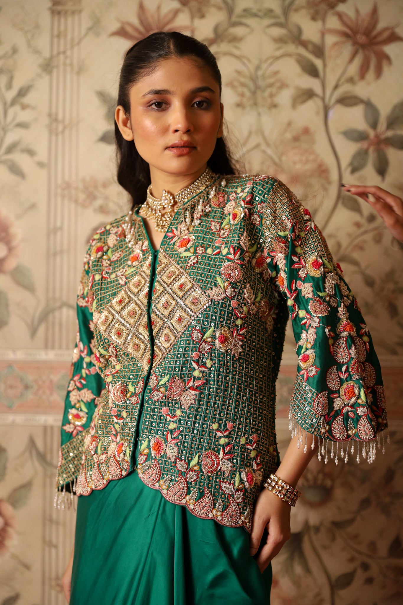 Ayla Green Multi Coloured Hand-Embroidered Threadwork Jacket and Draped Skirt