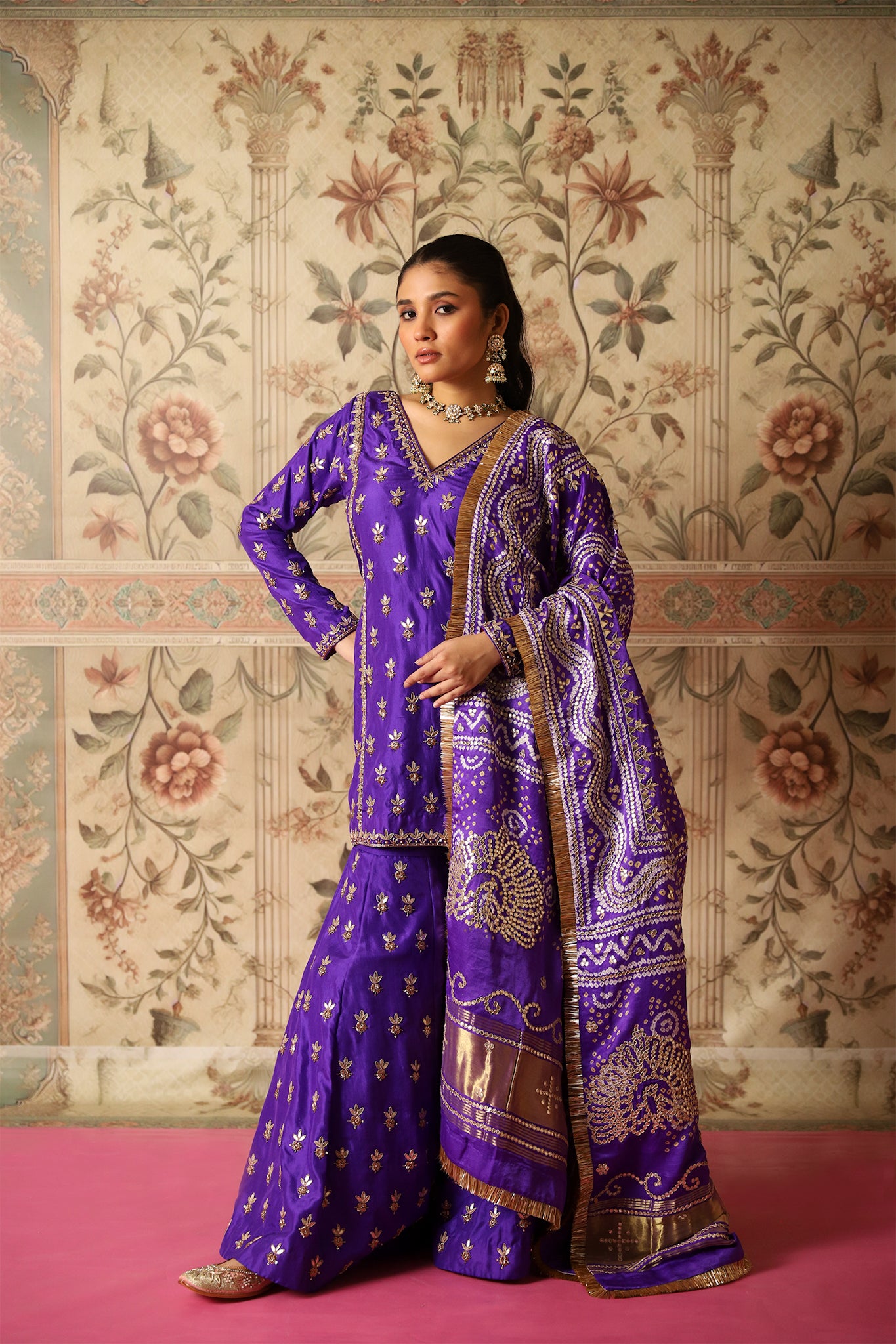 Bahaar Purple Gota Patti Kurta, Kalidaar Sharara & Bandhej Dupatta Set