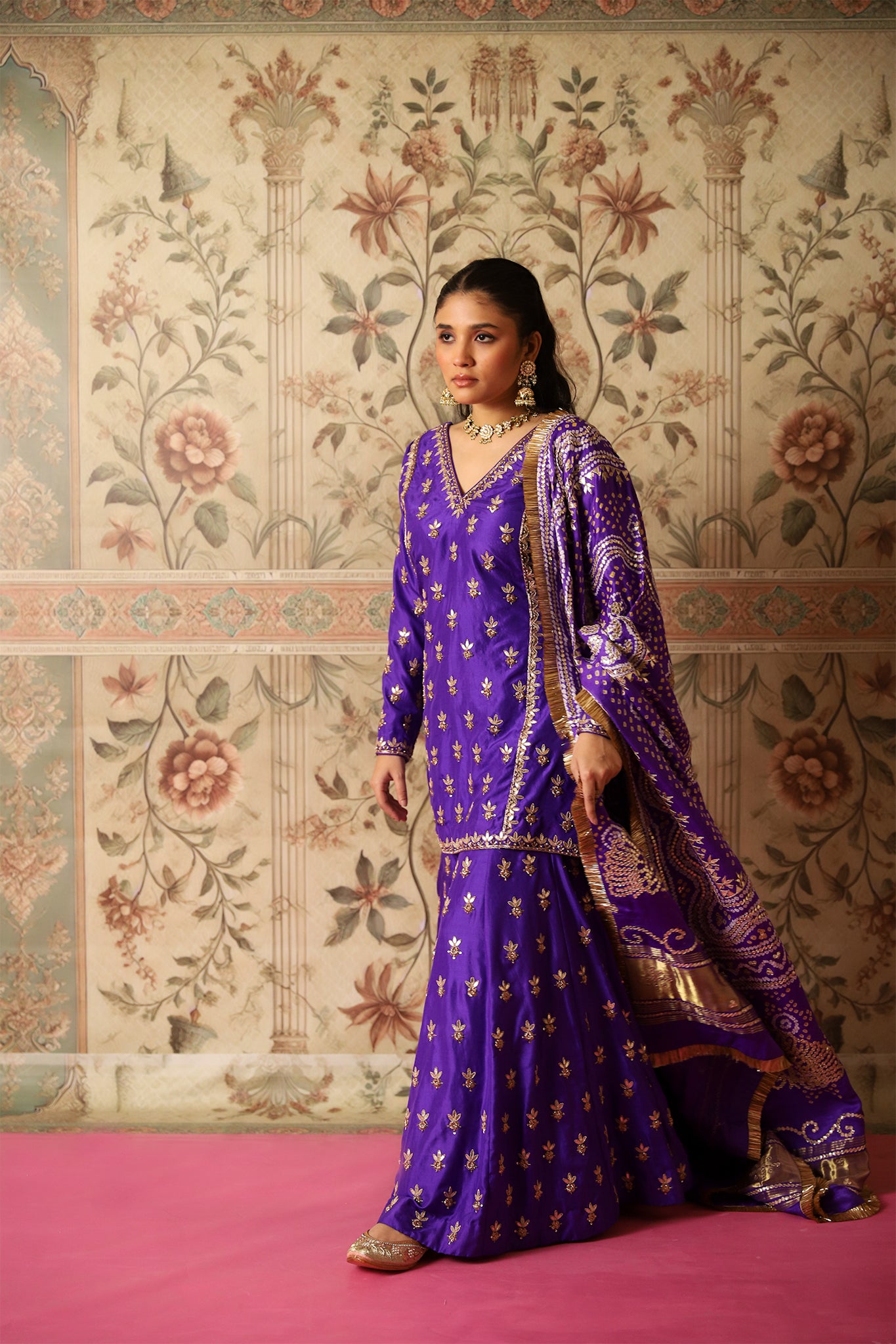 Bahaar Purple Gota Patti Kurta, Kalidaar Sharara & Bandhej Dupatta Set