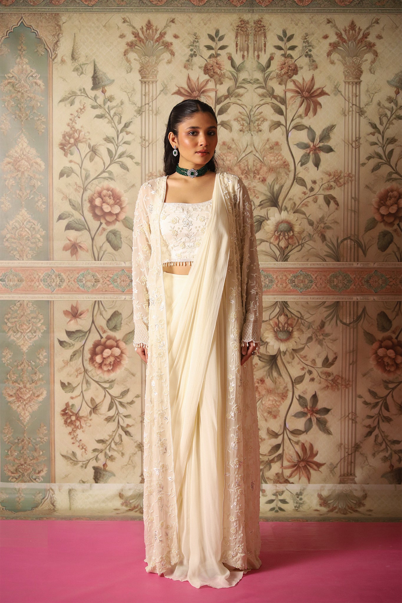 Clara Ivory Pearl Work Jacket, Blouse & Pre-Draped Saree