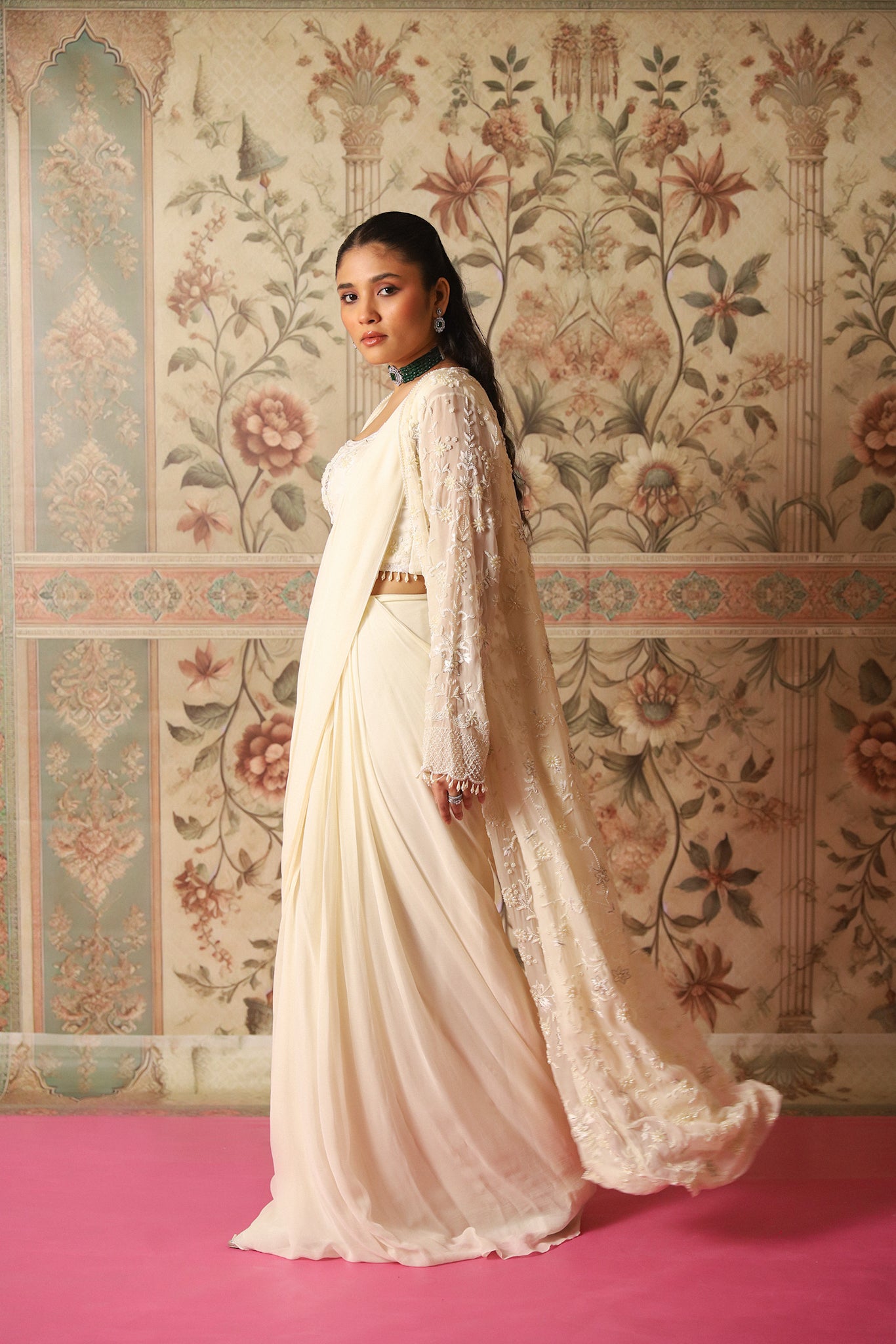 Clara Ivory Pearl Work Jacket, Blouse & Pre-Draped Saree