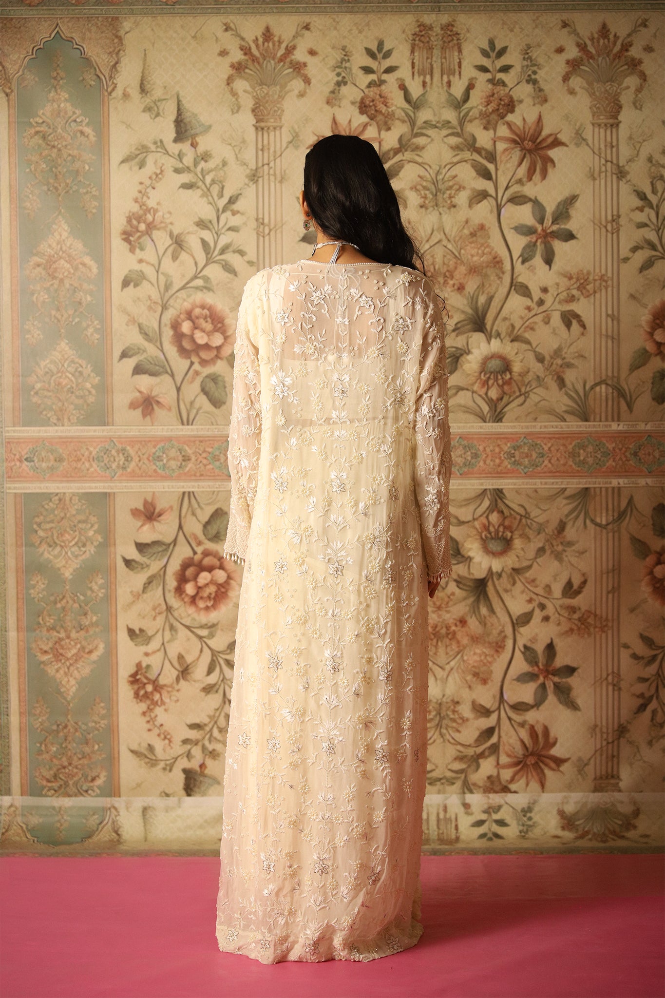 Clara Ivory Pearl Work Jacket, Blouse & Pre-Draped Saree