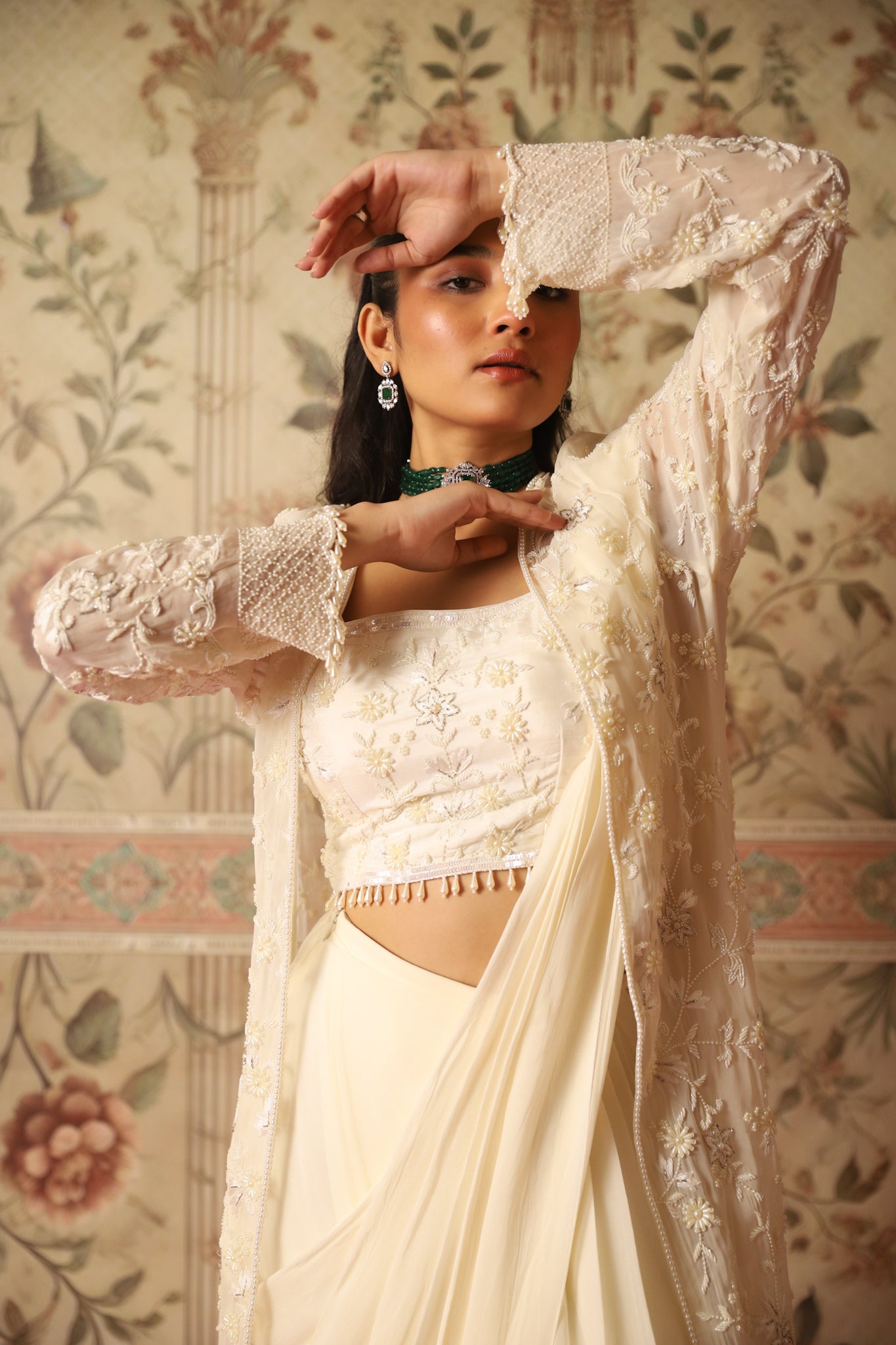 Clara Ivory Pearl Work Jacket, Blouse & Pre-Draped Saree