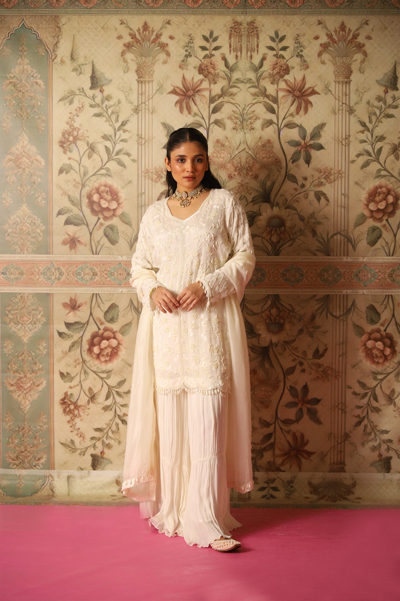 Esra Ivory Pearl Work Kurta and Sharara Set