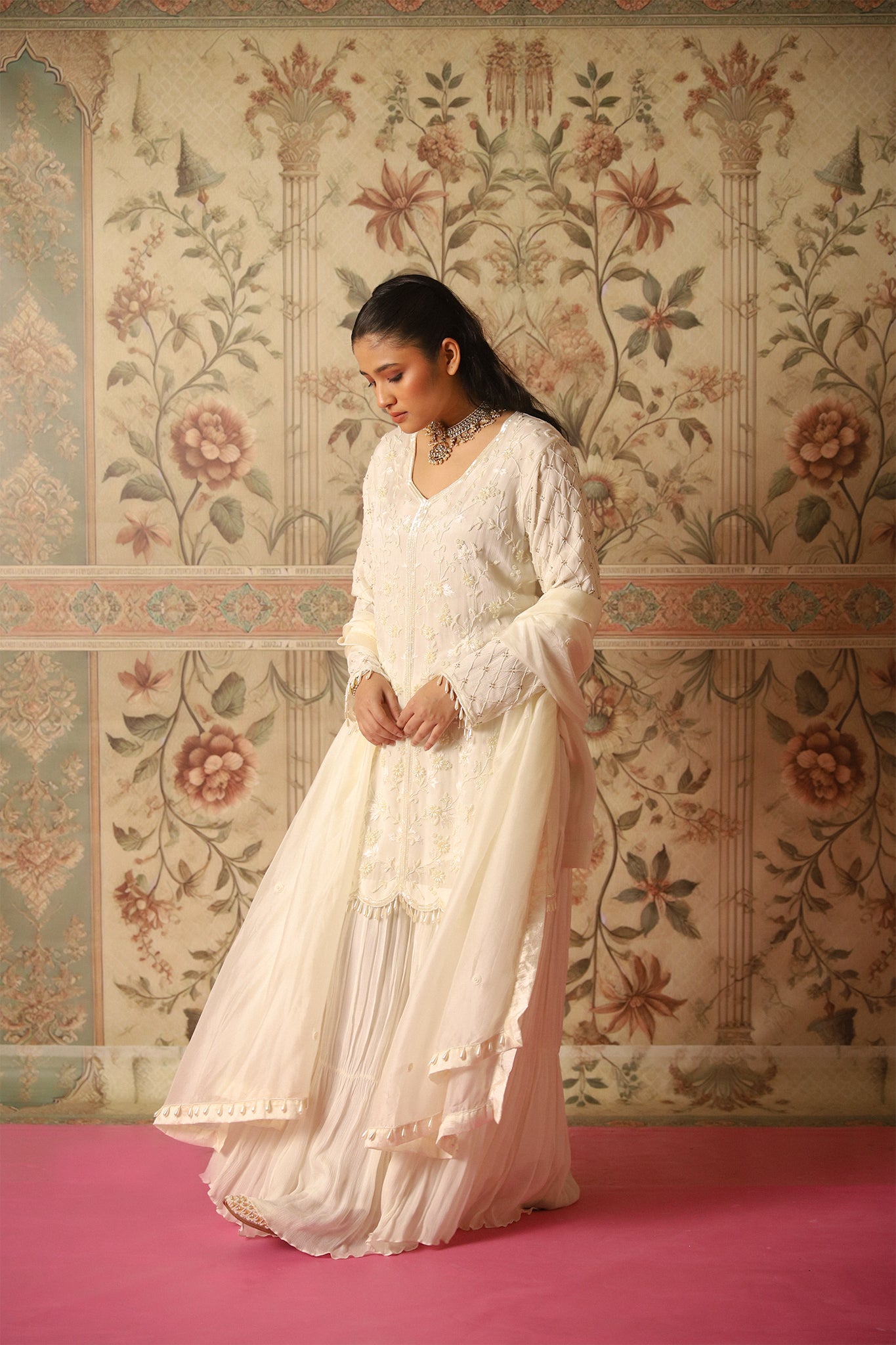 Esra Ivory Pearl Work Kurta and Sharara Set
