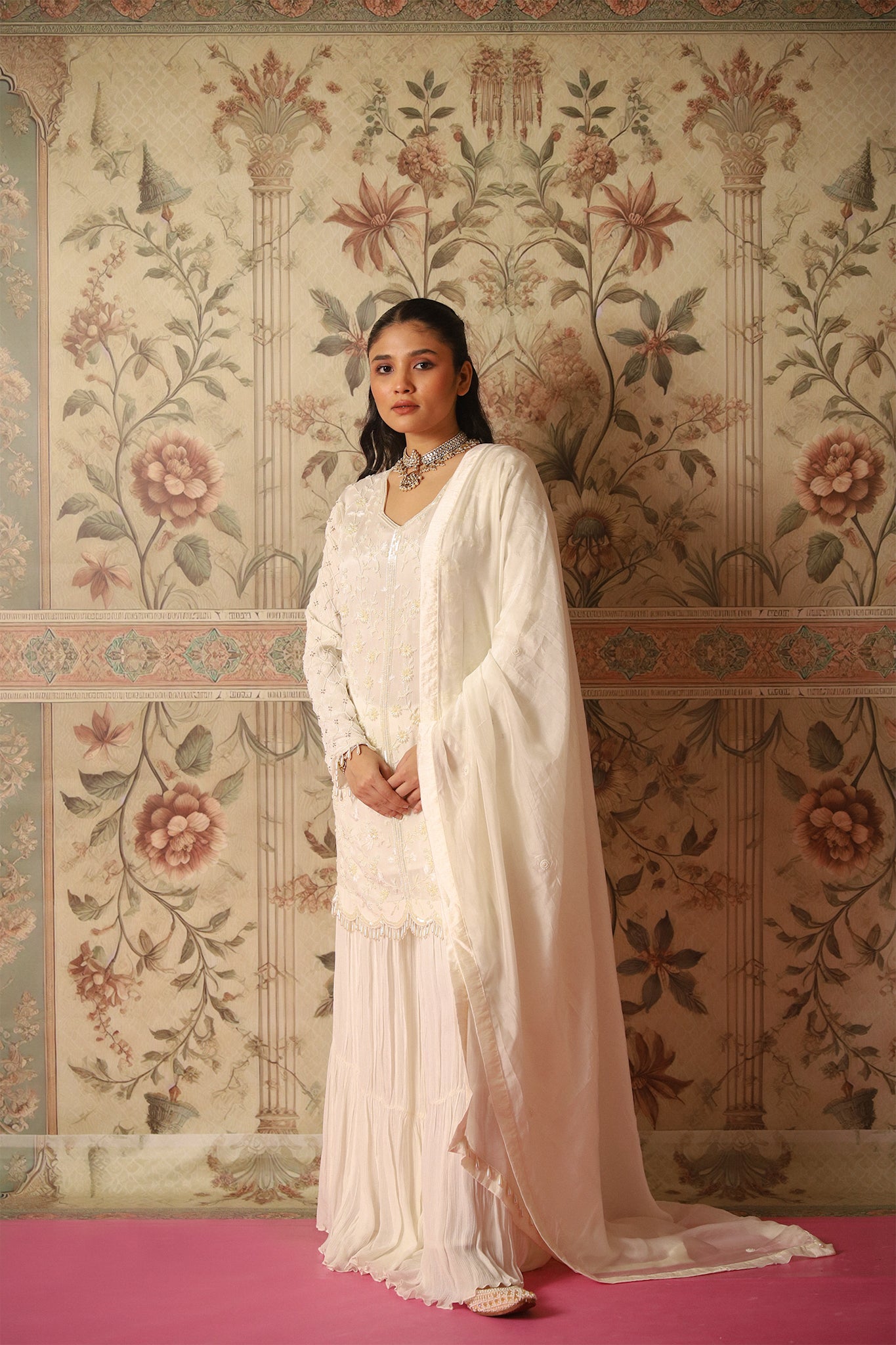 Esra Ivory Pearl Work Kurta and Sharara Set