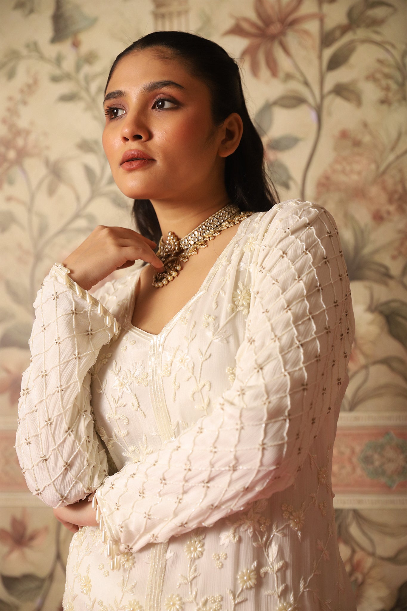 Esra Ivory Pearl Work Kurta and Sharara Set