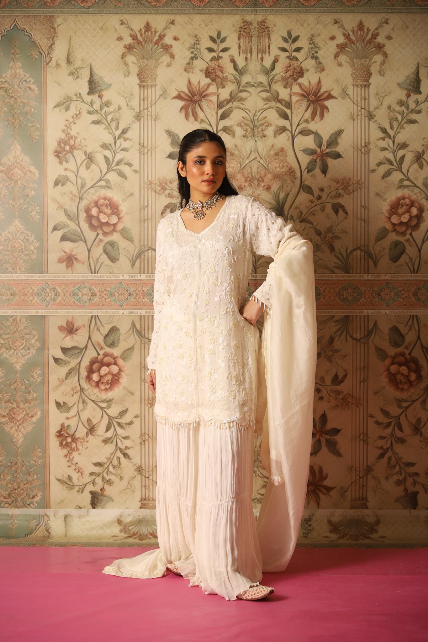 Esra Ivory Pearl Work Kurta and Sharara Set