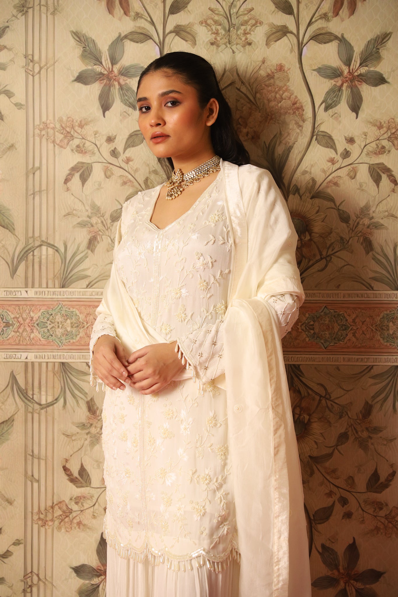 Esra Ivory Pearl Work Kurta and Sharara Set