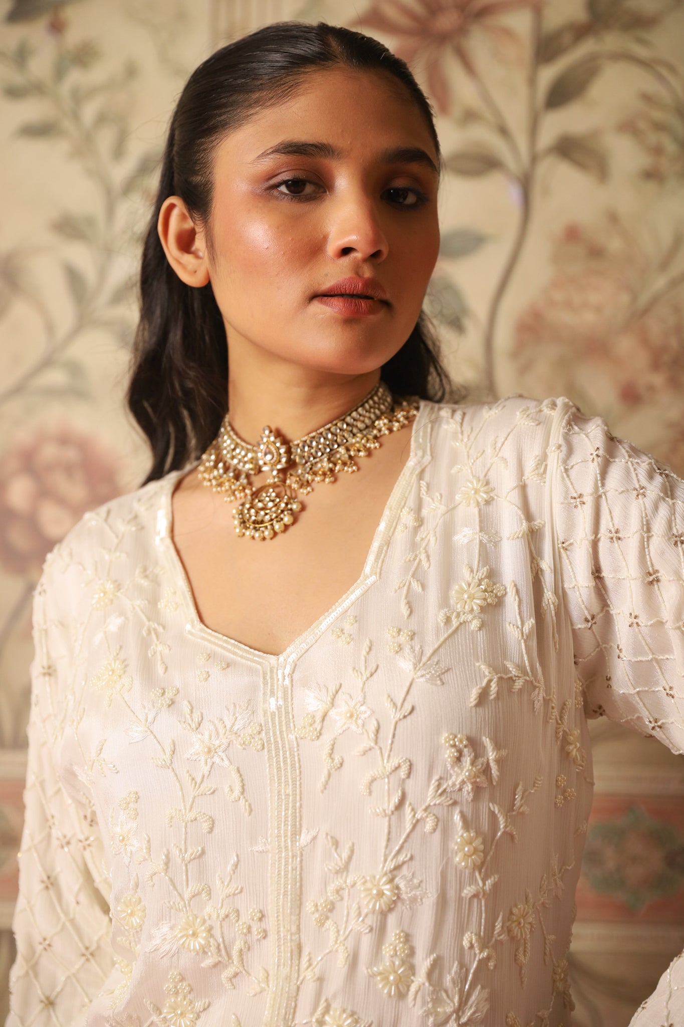 Esra Ivory Pearl Work Kurta and Sharara Set