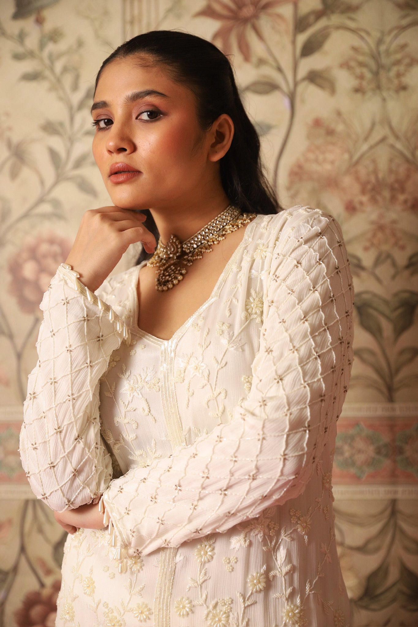 Esra Ivory Pearl Work Kurta and Sharara Set