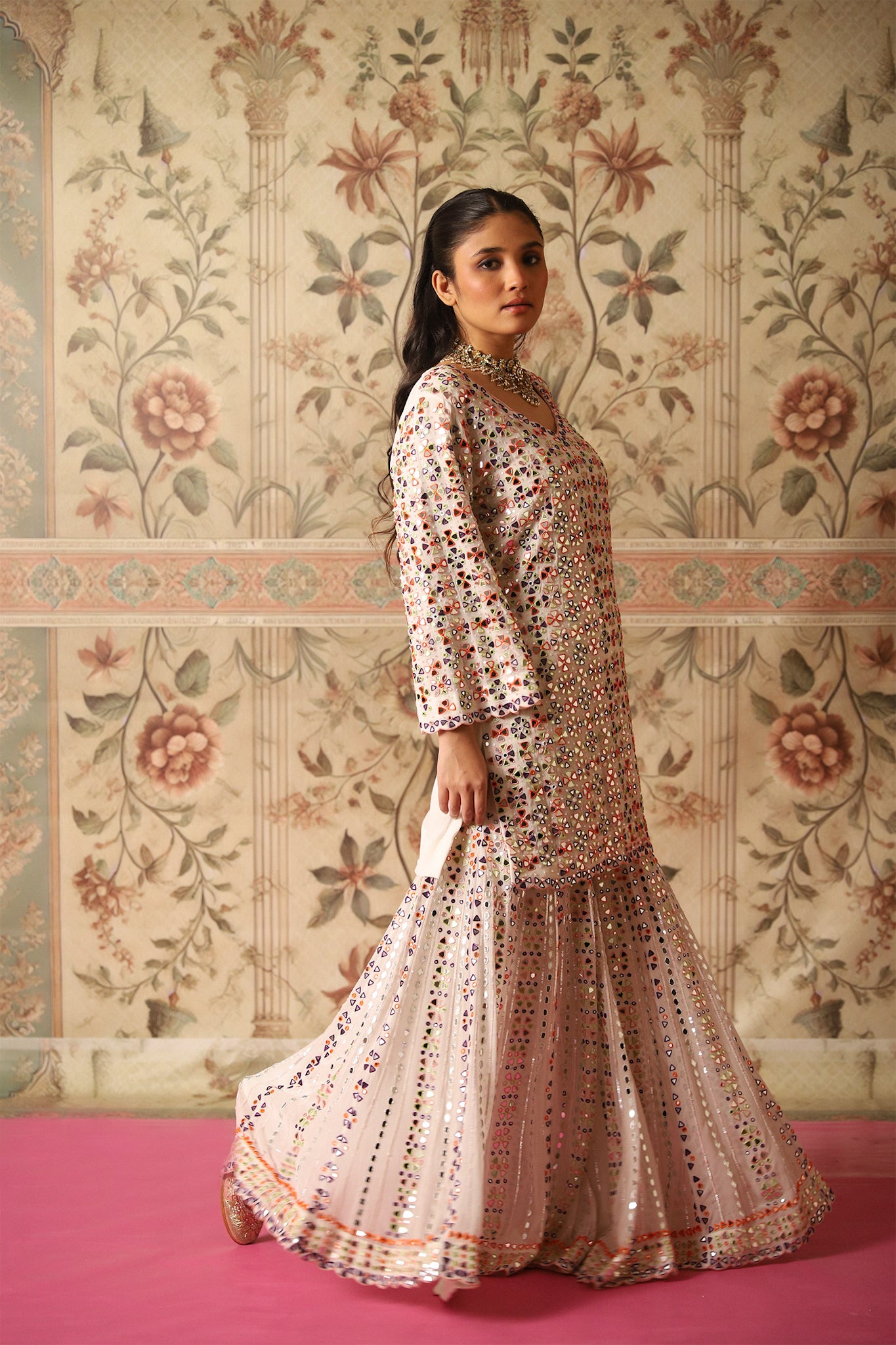 Ewaaz White Multi-Colour Mirror and Thread Work Gharara & Kurta Set