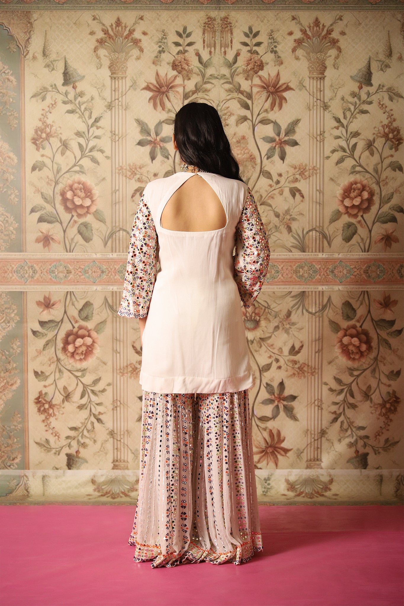 Ewaaz White Multi-Colour Mirror and Thread Work Gharara & Kurta Set