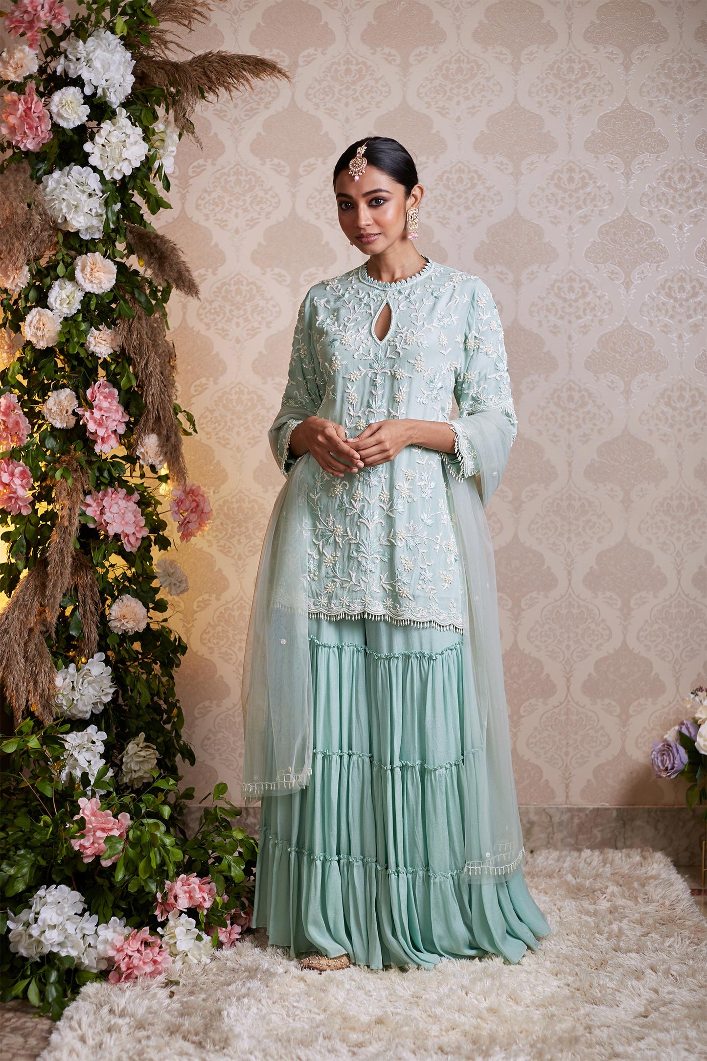 Esra - Sea Green Kurta With Pearl Work & Sharara