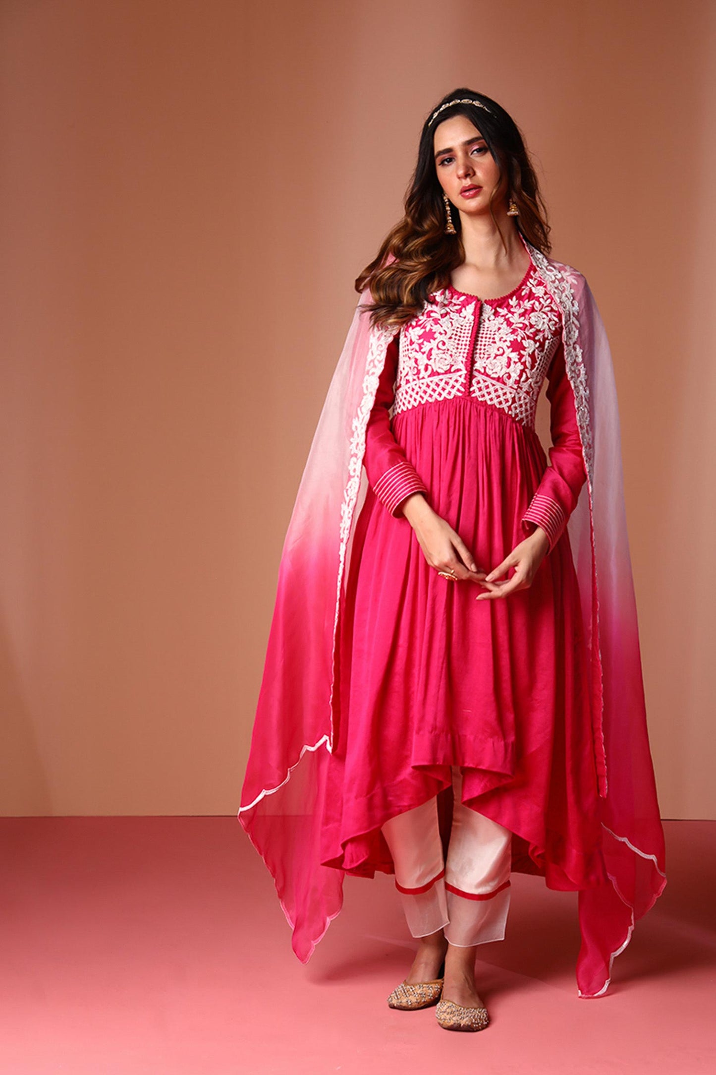 Asira - Magenta High-Low Anarkali with Ombre Dupatta