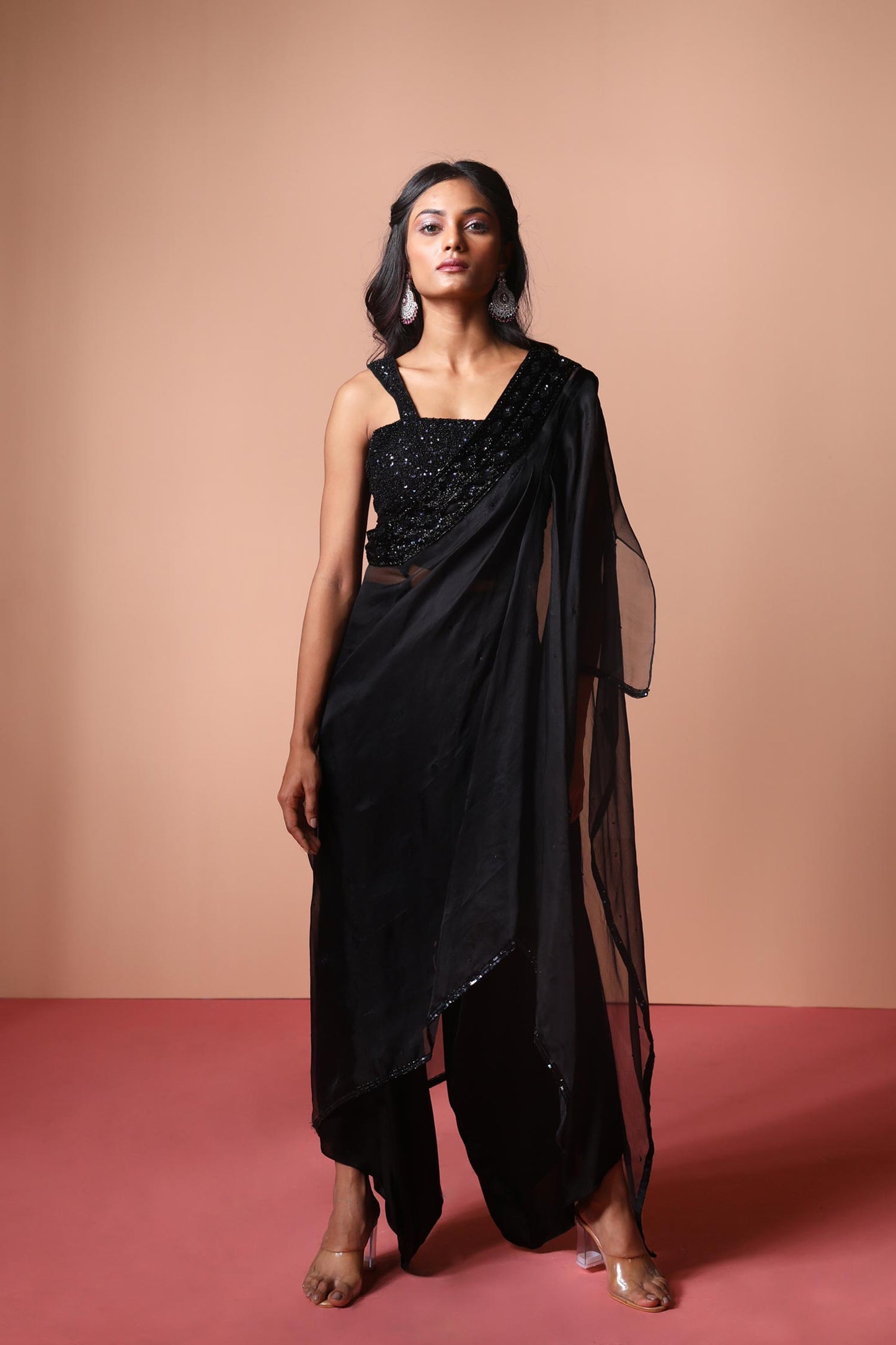 Seher - Black One Shoulder Cape, Blouse & Draped Pants