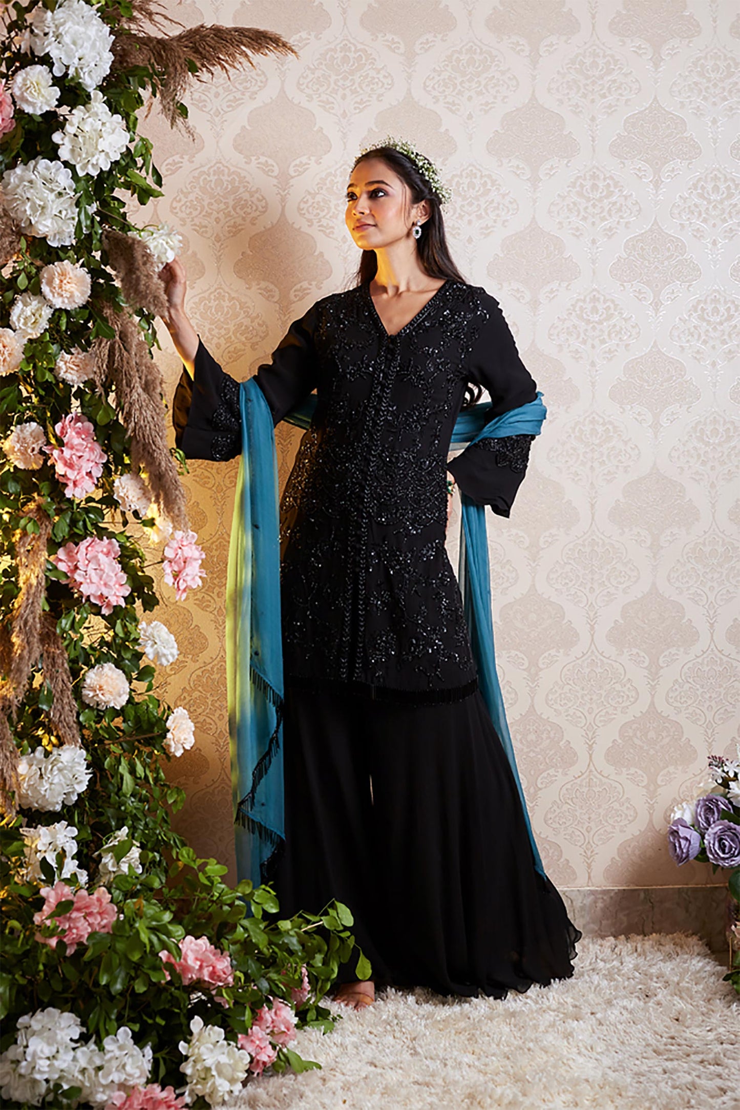 Inaya - Black Cutdana Shirt & Sharara