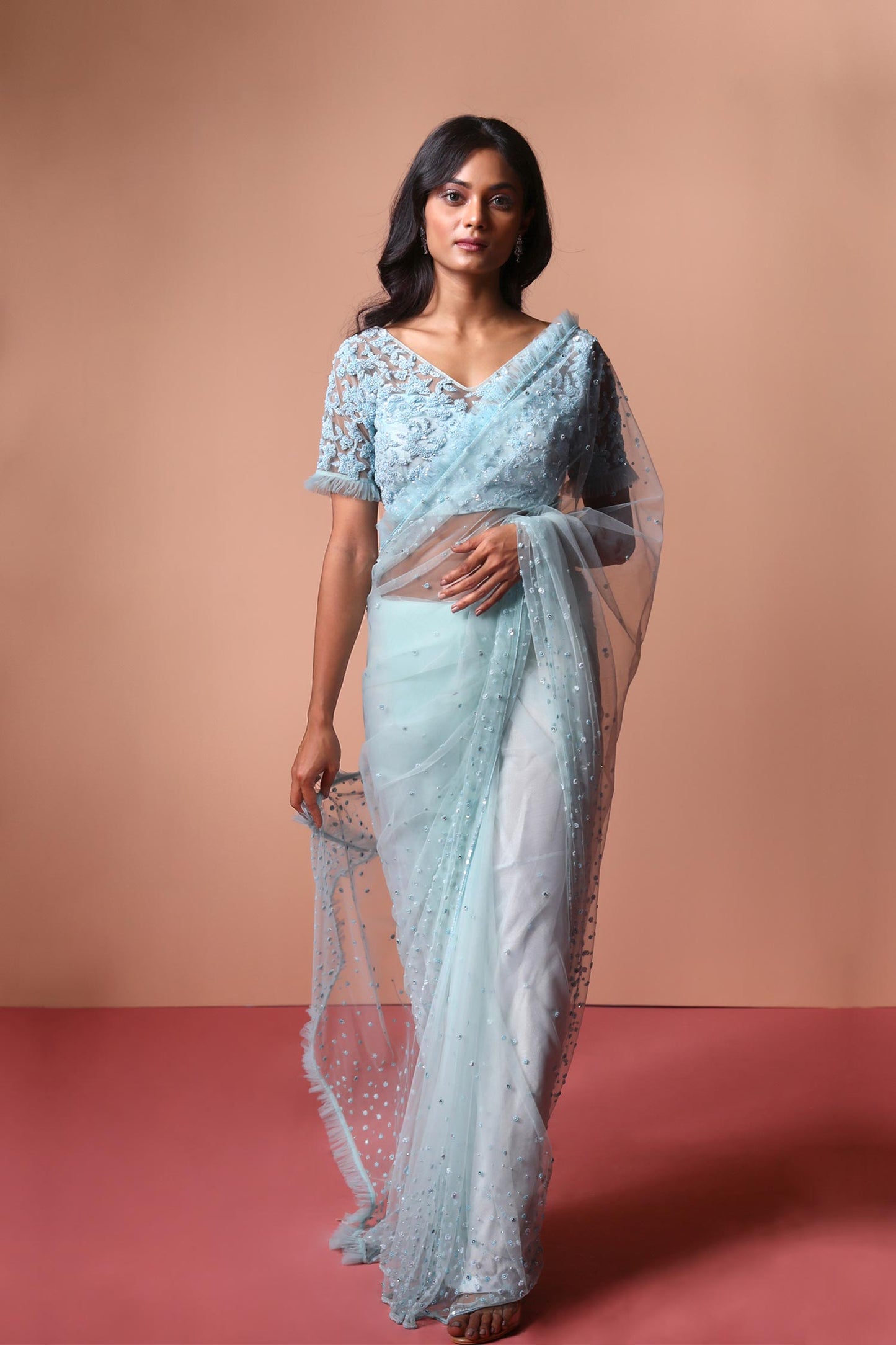 Alara - Pastel Blue Net Saree & Blouse