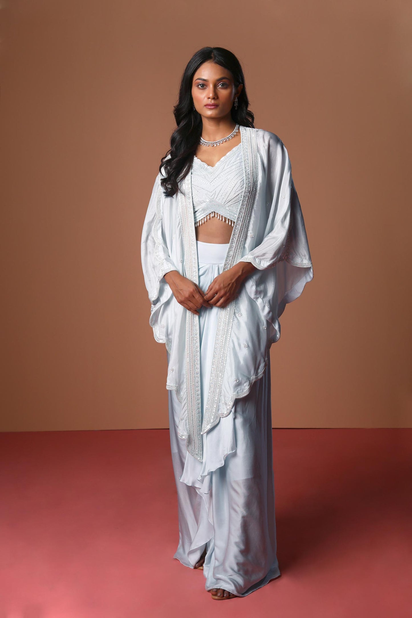 Aliza - Pastel Blue 3 Corner Cape Blouse & Draped Skirt