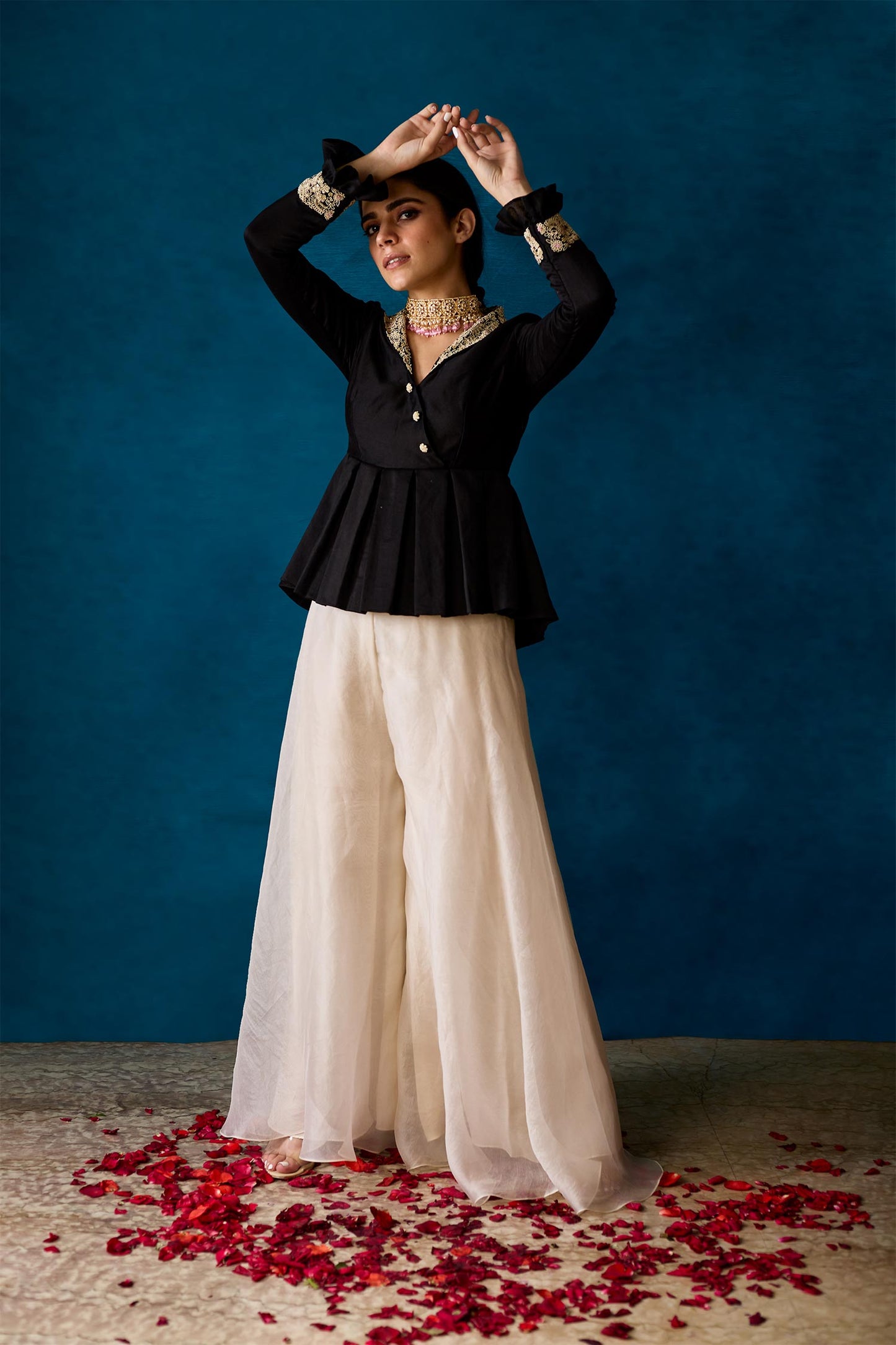 Zaria - Black Peplum Top & Organza Pants