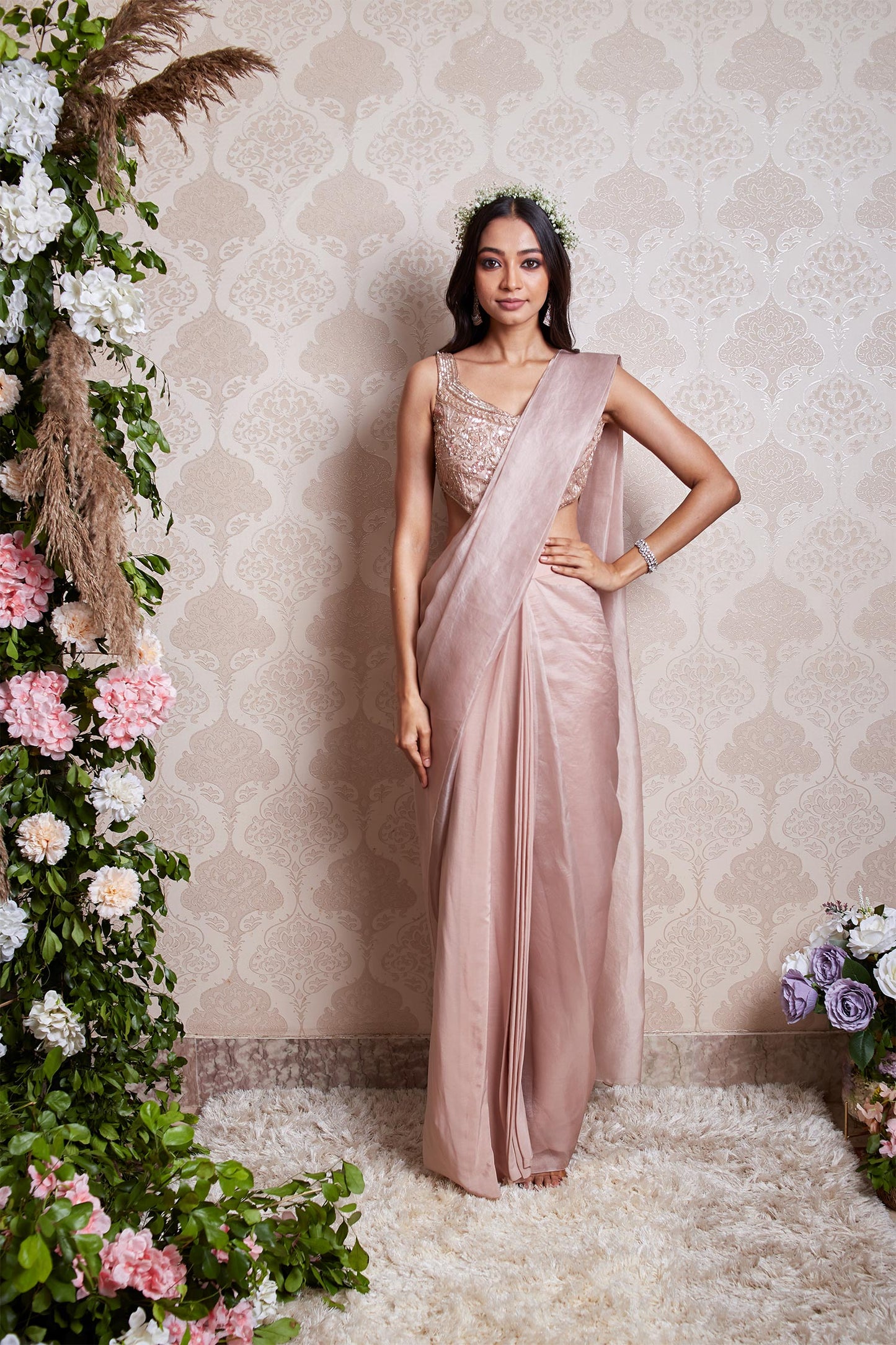 Freya - Nude Pink Blouse & Saree Set