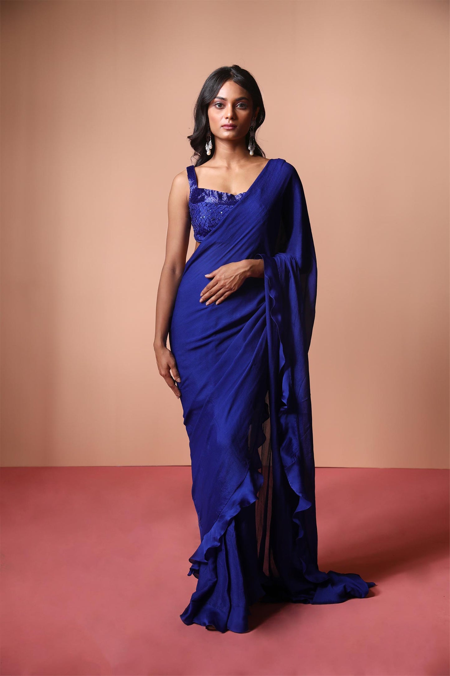 Eliana - Electric Blue Bustier & Saree With Ruffles