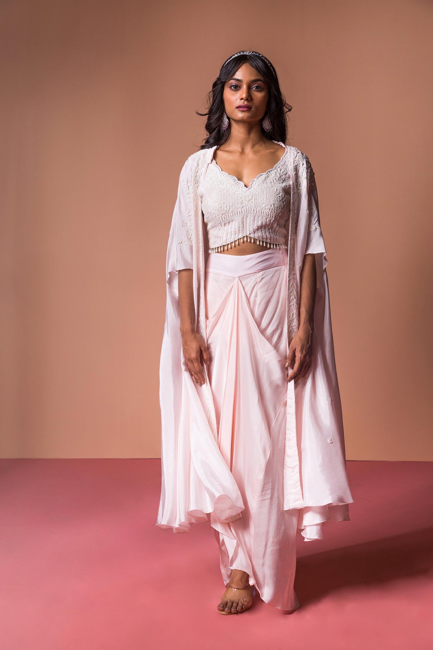 Thea - Blush Pink Floor Length Cape Blouse & Draped Skirt