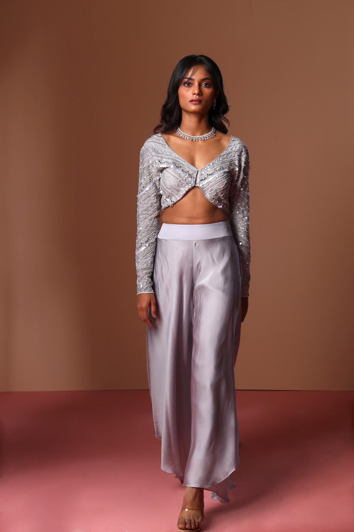Zinnia - Light Grey Blouse & Asymmetrical Palazzos