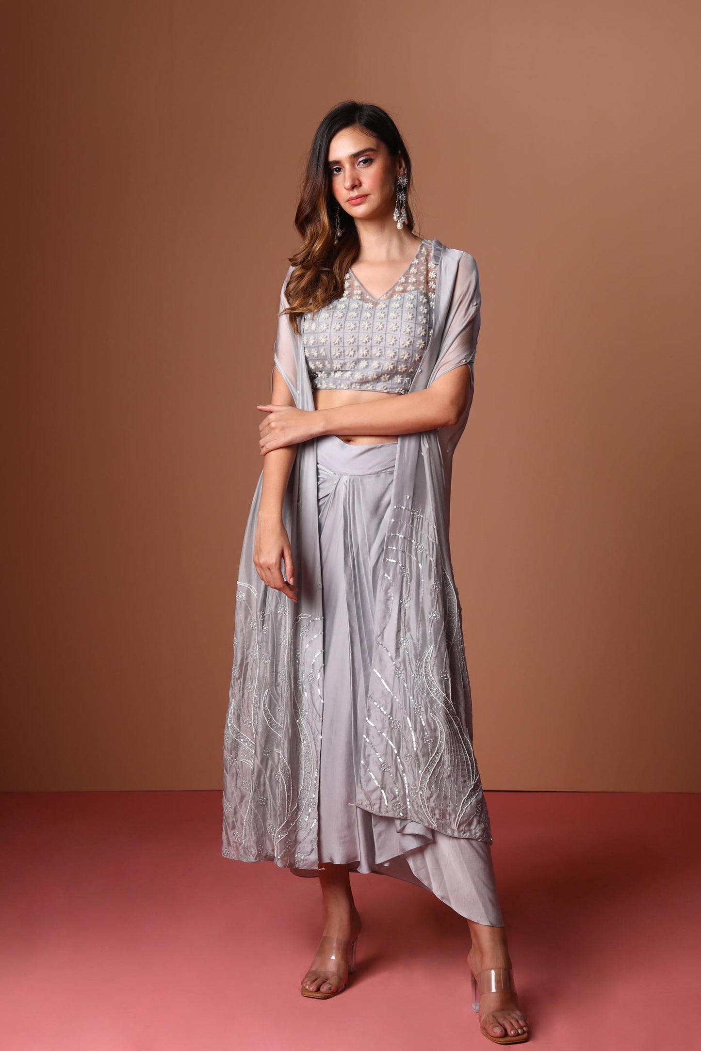 Eloise - Light Grey Cape Blouse & Draped Skirt