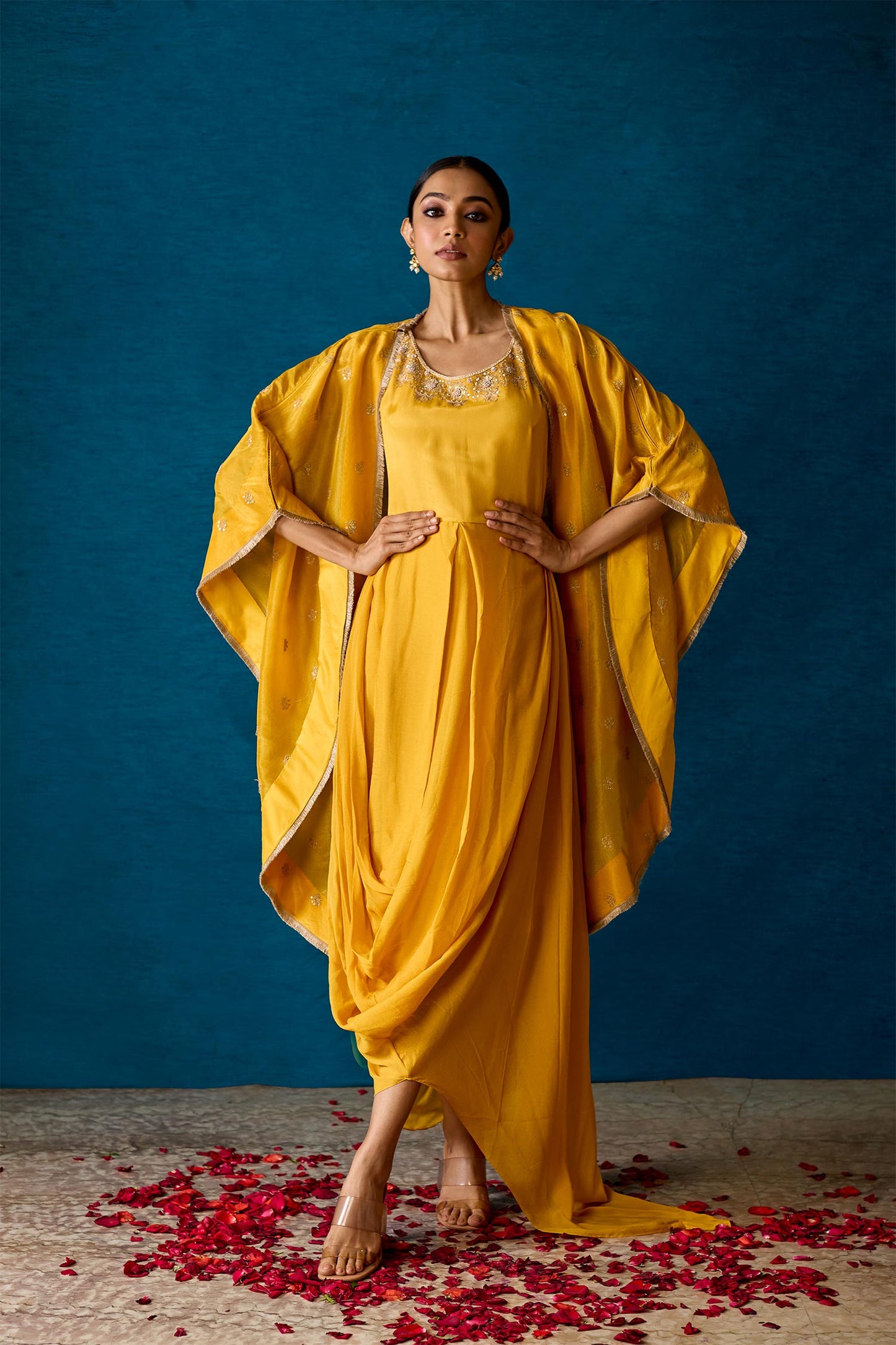 Aliza - Mustard Yellow Draped Dress & Cape