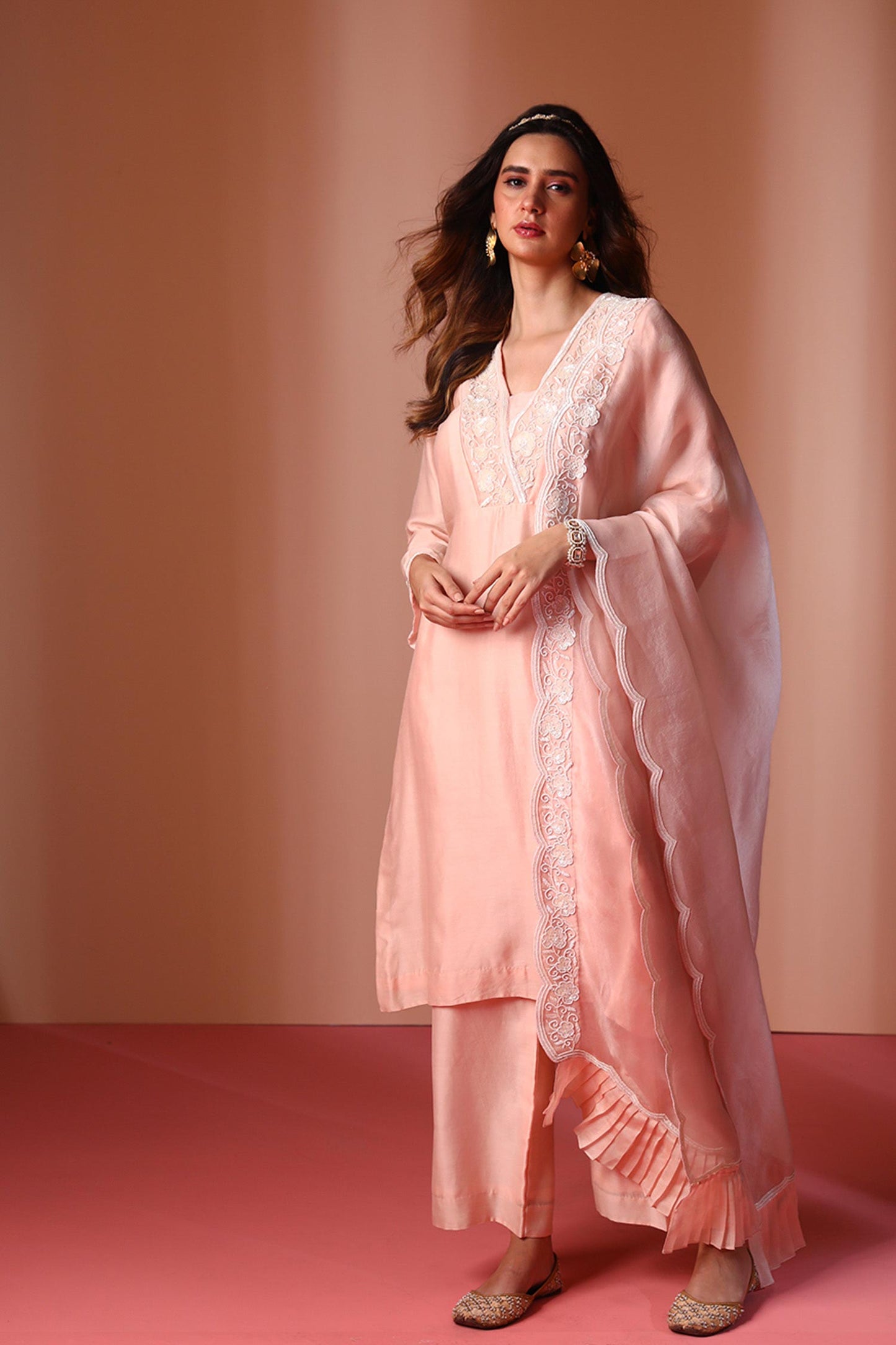 Anasa - Peach Pearl Work Kurta Set