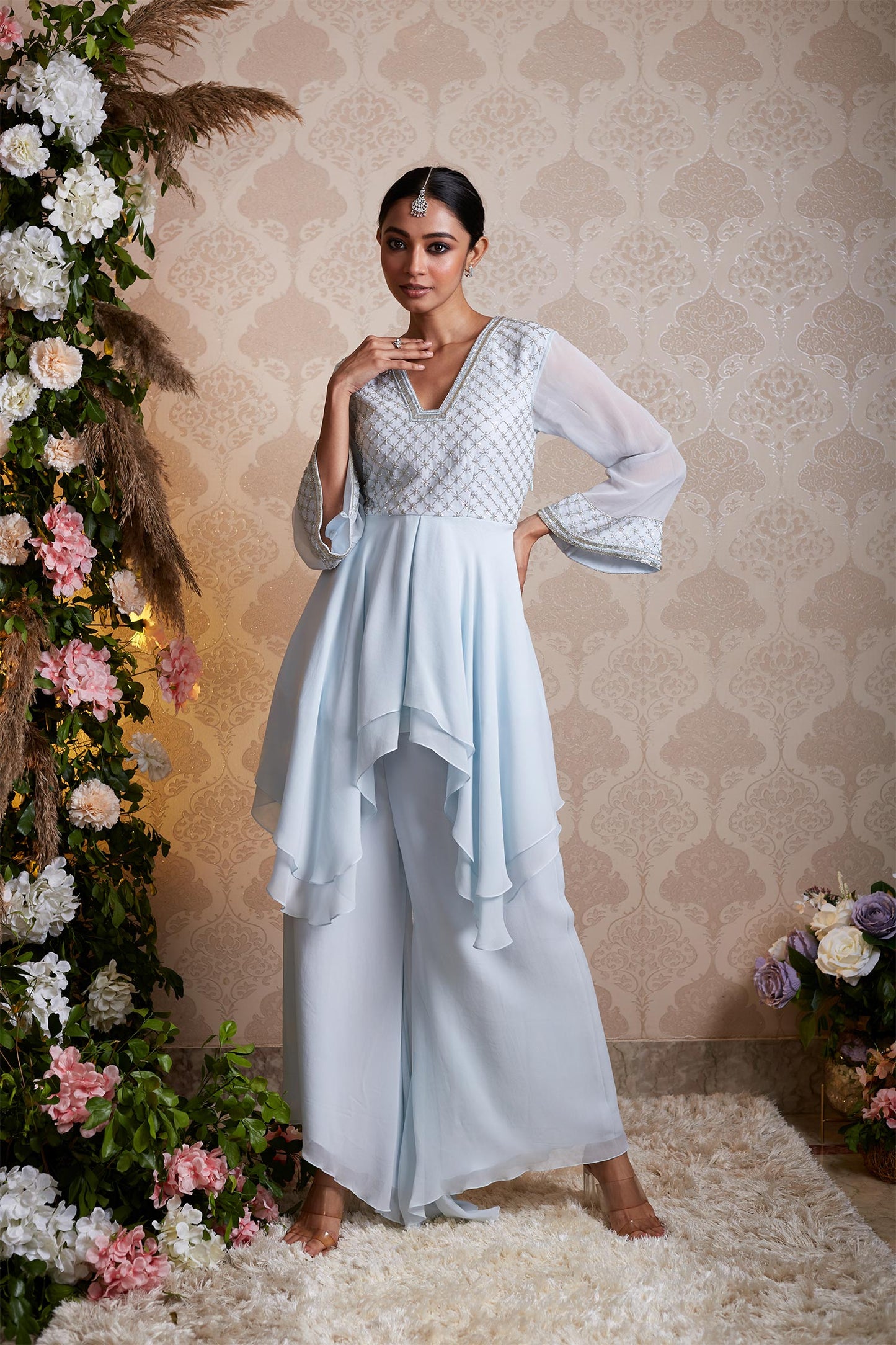 Alaysha - Powder Blue 2 Layer Asymmetrical Peplum & Palazzos
