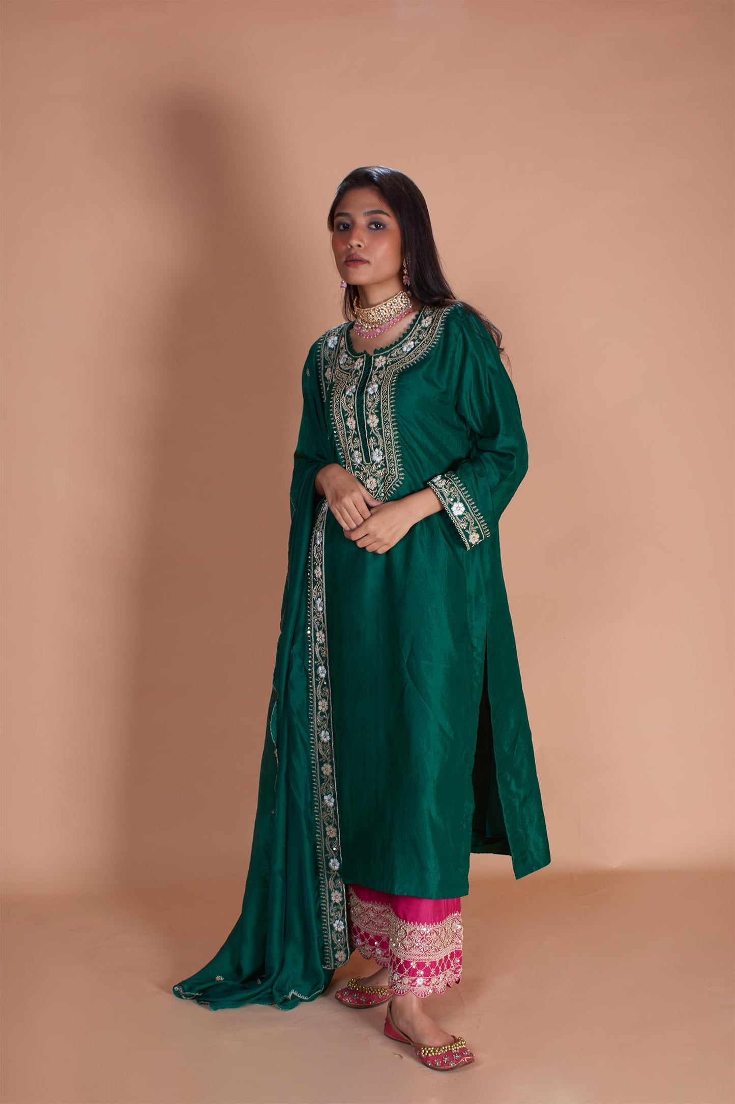 Kimaya - Emerald Green Silk Kurta & Magenta Palazzos