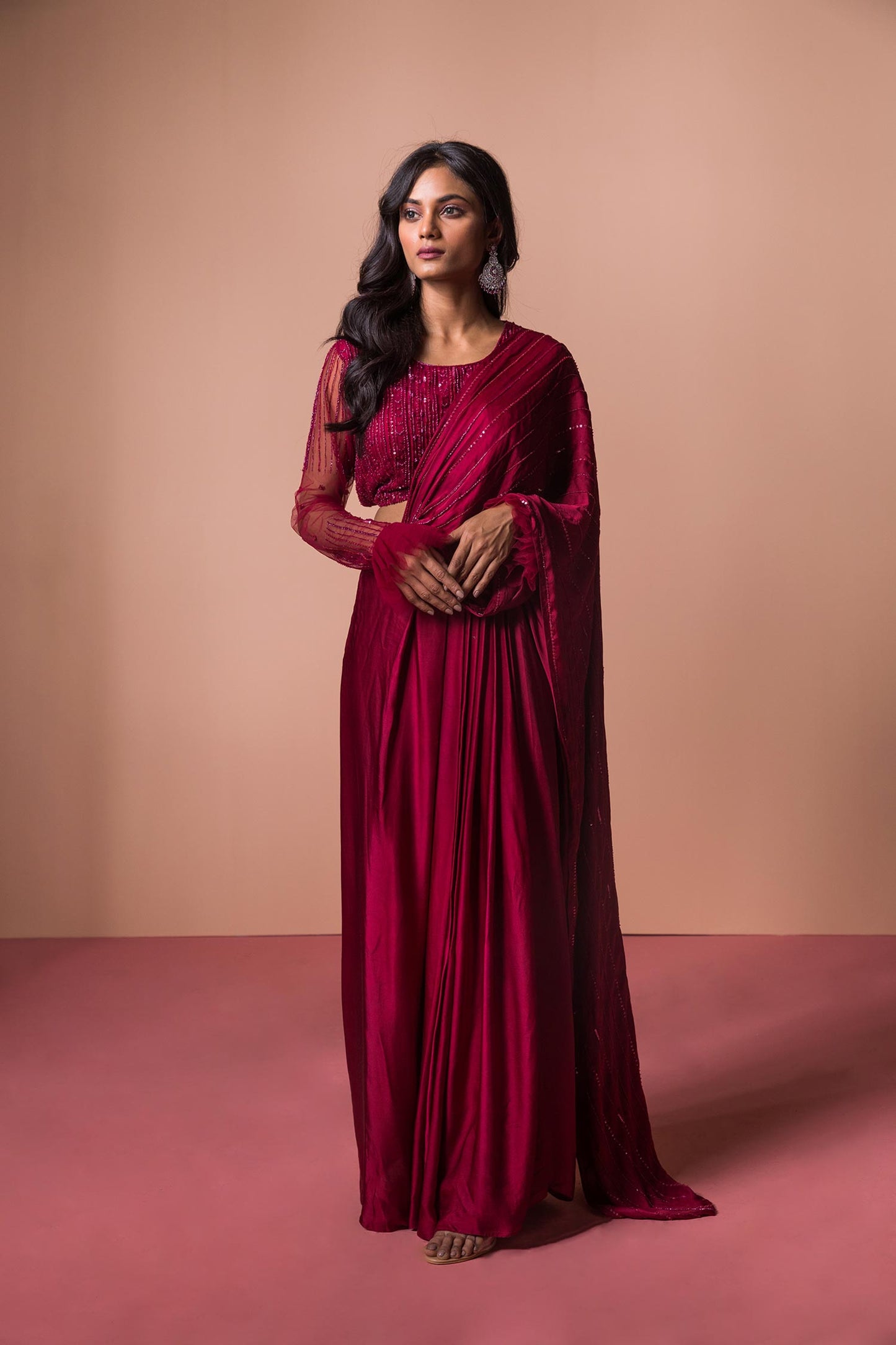 Jade - Maroon Draped Saree with Tulle blouse