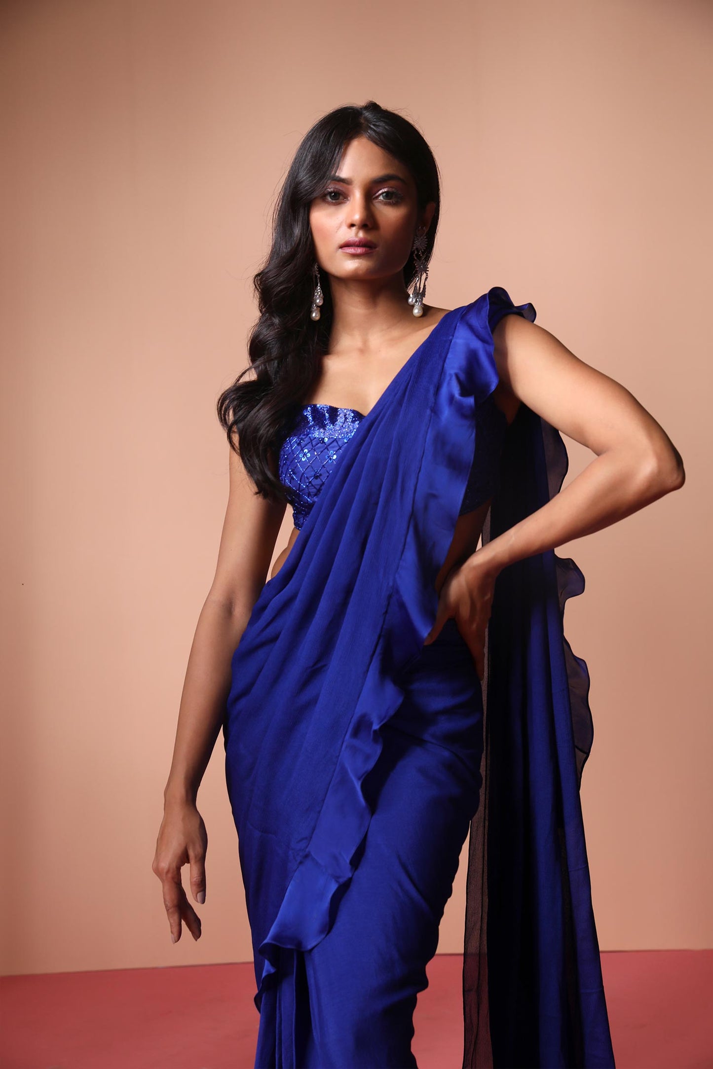 Eliana - Electric Blue Bustier & Saree With Ruffles