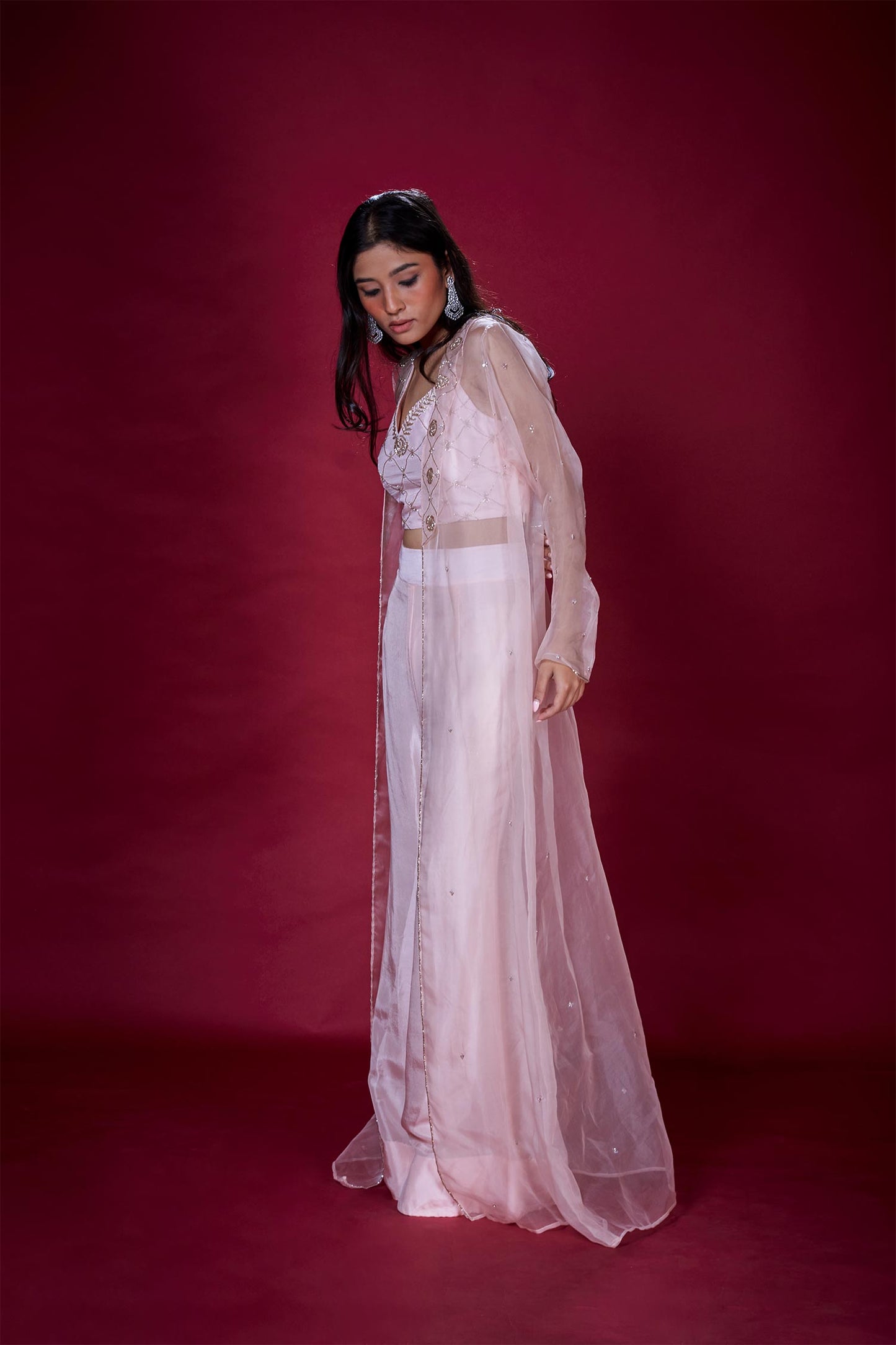 Maia - Light Pink Organza Jacket, Blouse & Palazzo