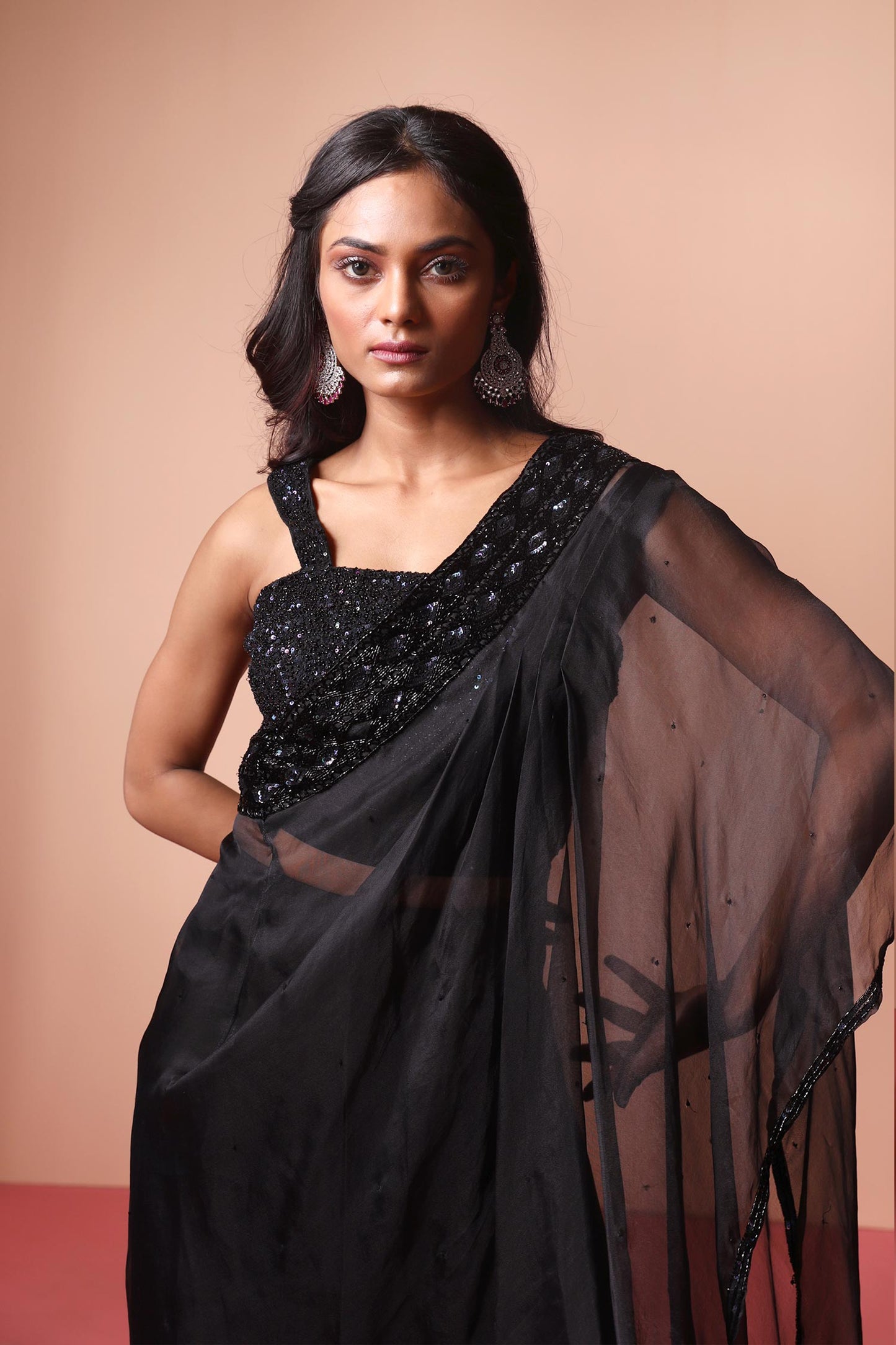 Seher - Black One Shoulder Cape, Blouse & Draped Pants